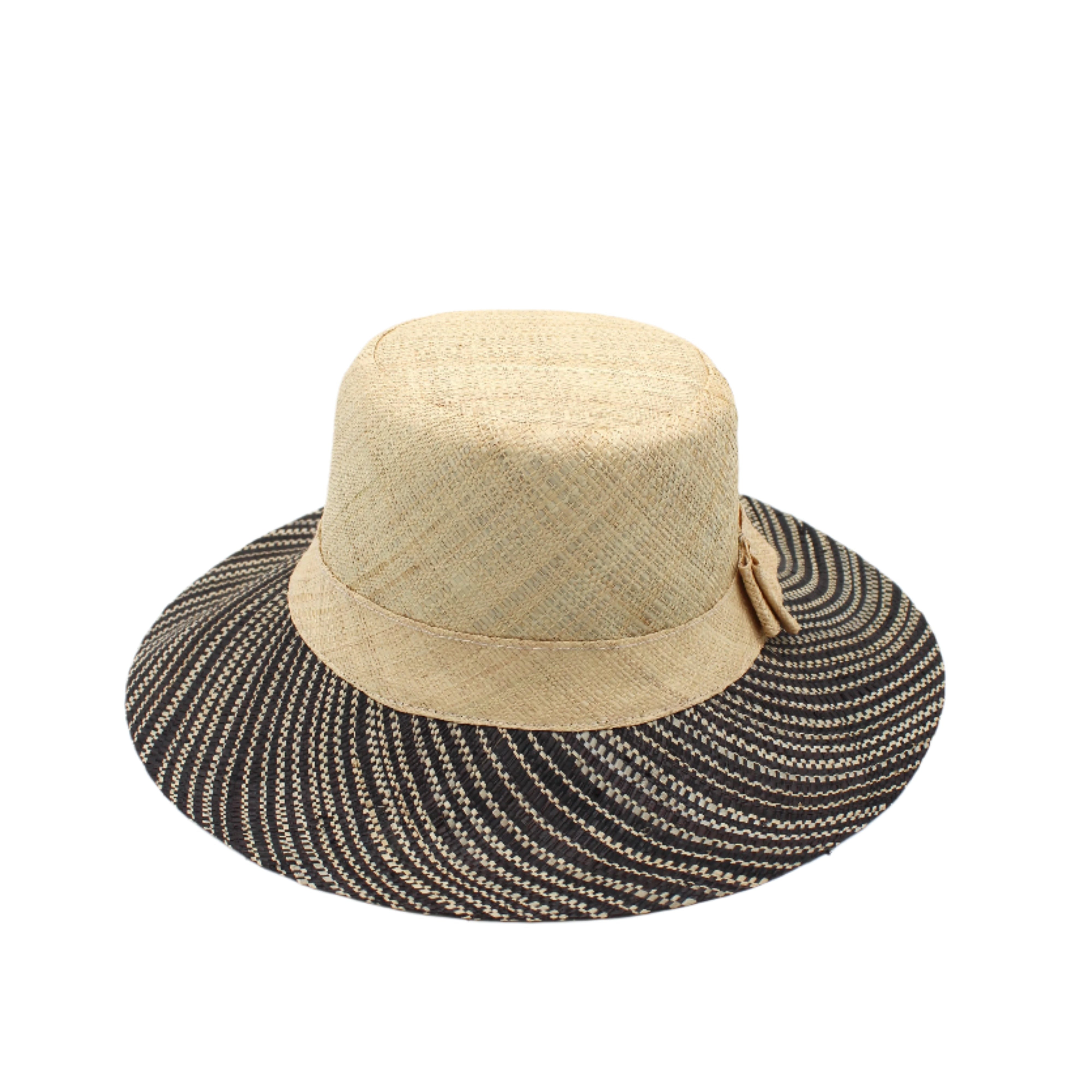 3" Brim Marsea Natural Two Tone Melange Straw Sun Hats handmade loomed natural raffia palm fiber in a two tone color block aesthetic of solid natural straw color on the crown and hatband with multicolor melange heathered pattern swirl of black and natural straw color on the brim lightweight breathable packable hat - Shebobo