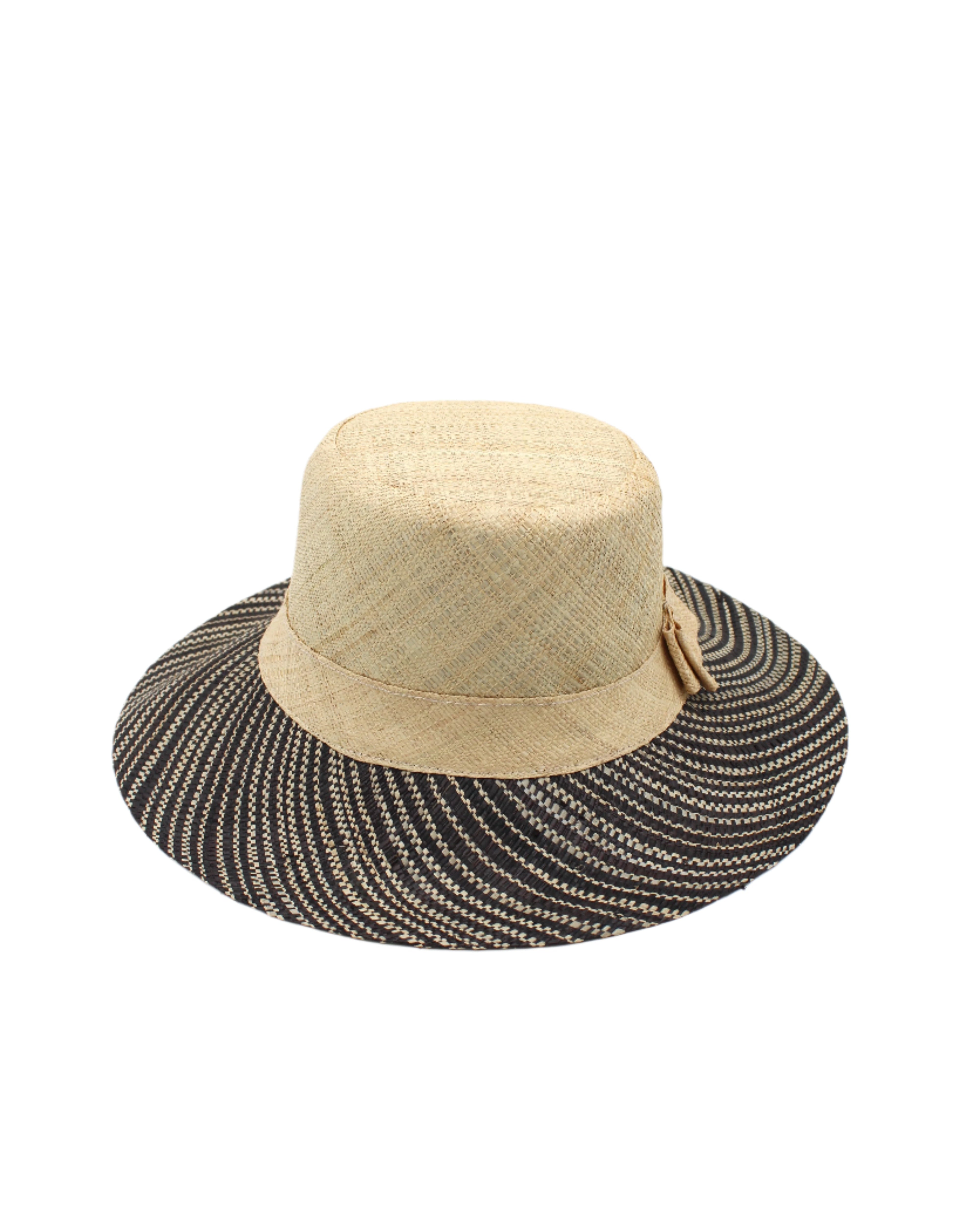 3" Brim Marsea Natural Two Tone Melange Straw Sun Hats handmade loomed natural raffia palm fiber in a two tone color block aesthetic of solid natural straw color on the crown and hatband with multicolor melange heathered pattern swirl of black and natural straw color on the brim lightweight breathable packable hat - Shebobo