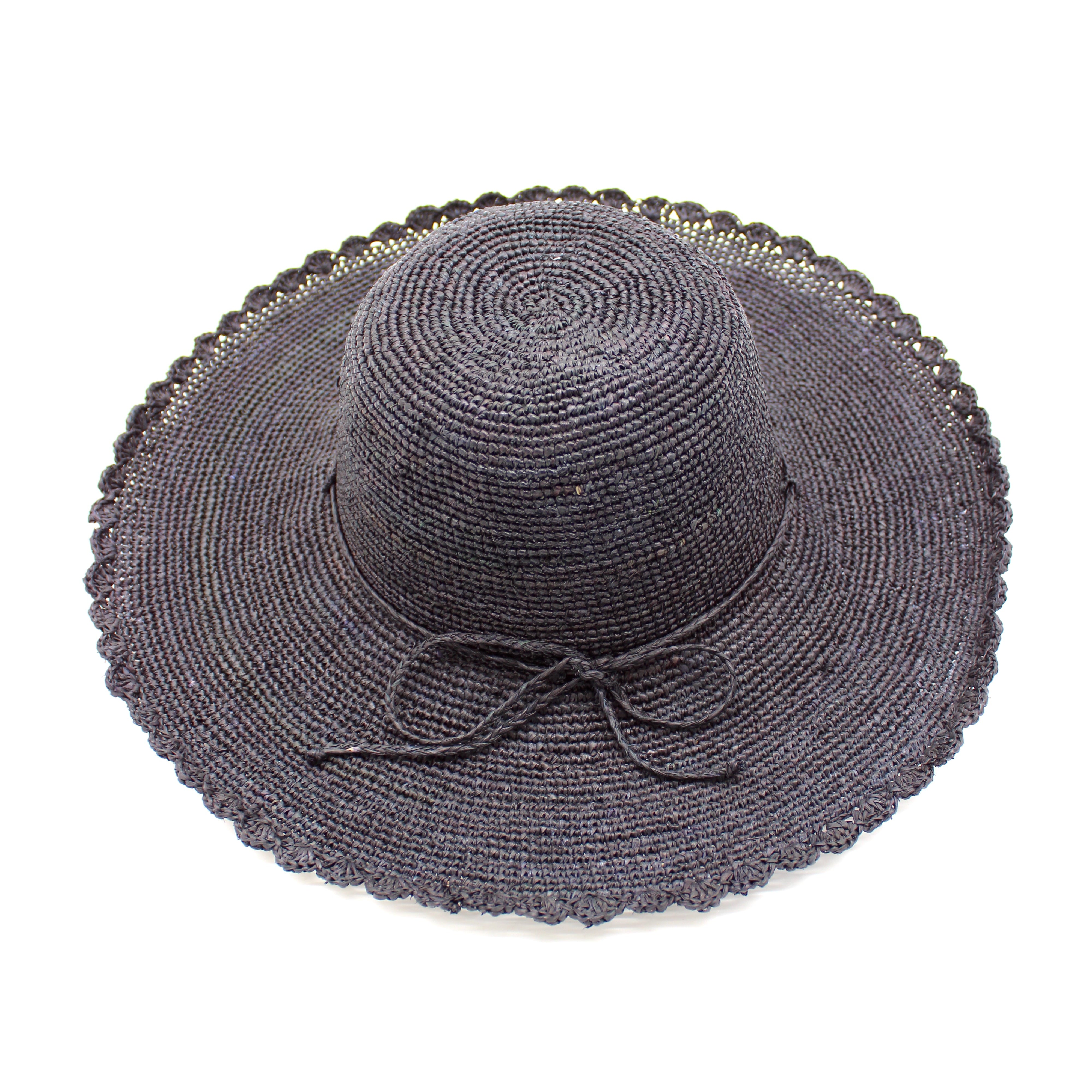 4" Brim Genevieve Black Crochet Straw Sun Hat with Lace Weave Edge handmade raffia palm fiber crochet solid hue black rounded crown with detailed lace weave edge and matching adjustable hat band - Shebobo