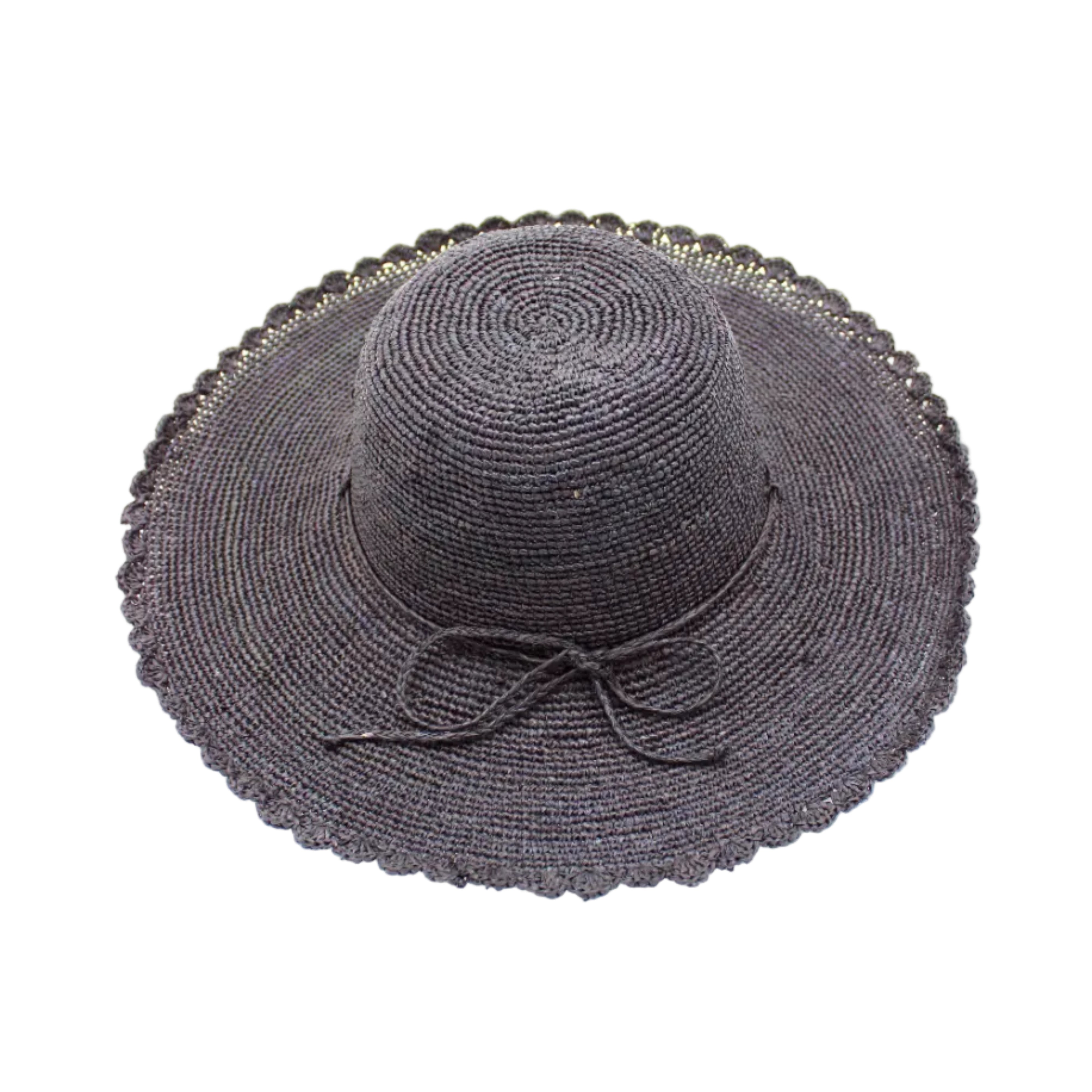 4" Brim Genevieve Black Crochet Straw Sun Hat with Lace Weave Edge handmade raffia palm fiber crochet solid hue black rounded crown with detailed lace weave edge and matching adjustable hat band - Shebobo