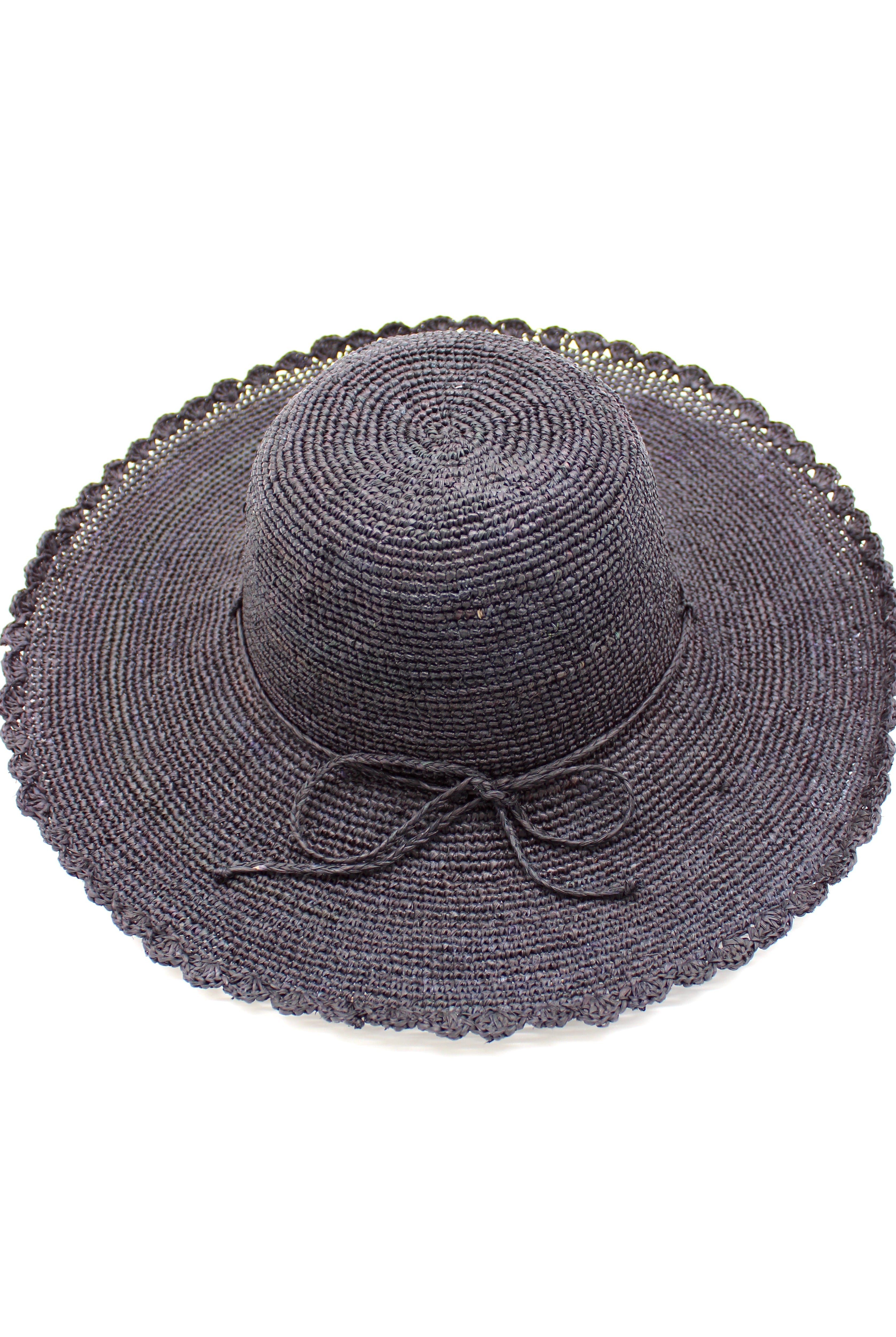 4" Brim Genevieve Black Crochet Straw Sun Hat with Lace Weave Edge handmade raffia palm fiber crochet solid hue black rounded crown with detailed lace weave edge and matching adjustable hat band - Shebobo