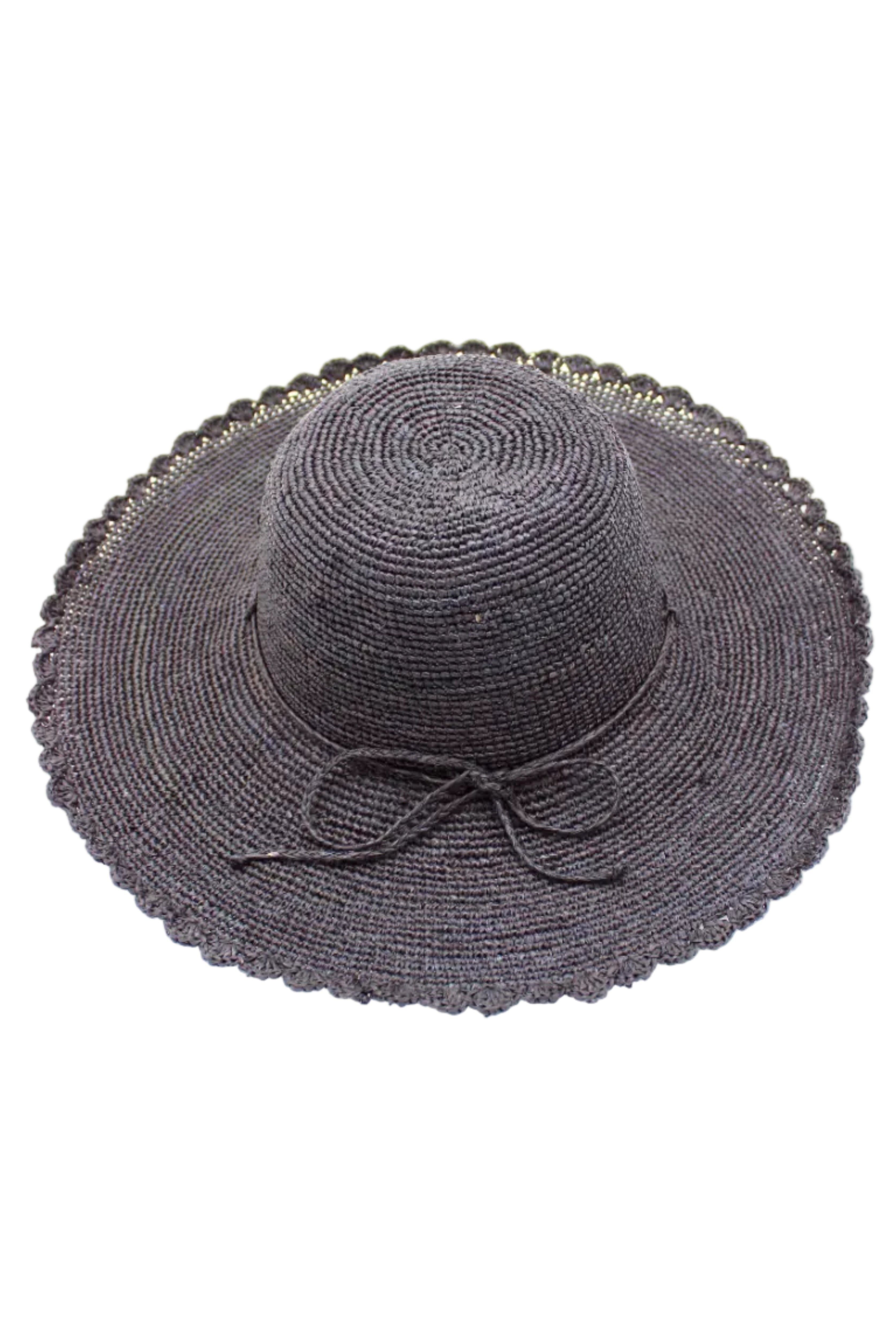 4" Brim Genevieve Black Crochet Straw Sun Hat with Lace Weave Edge handmade raffia palm fiber crochet solid hue black rounded crown with detailed lace weave edge and matching adjustable hat band - Shebobo
