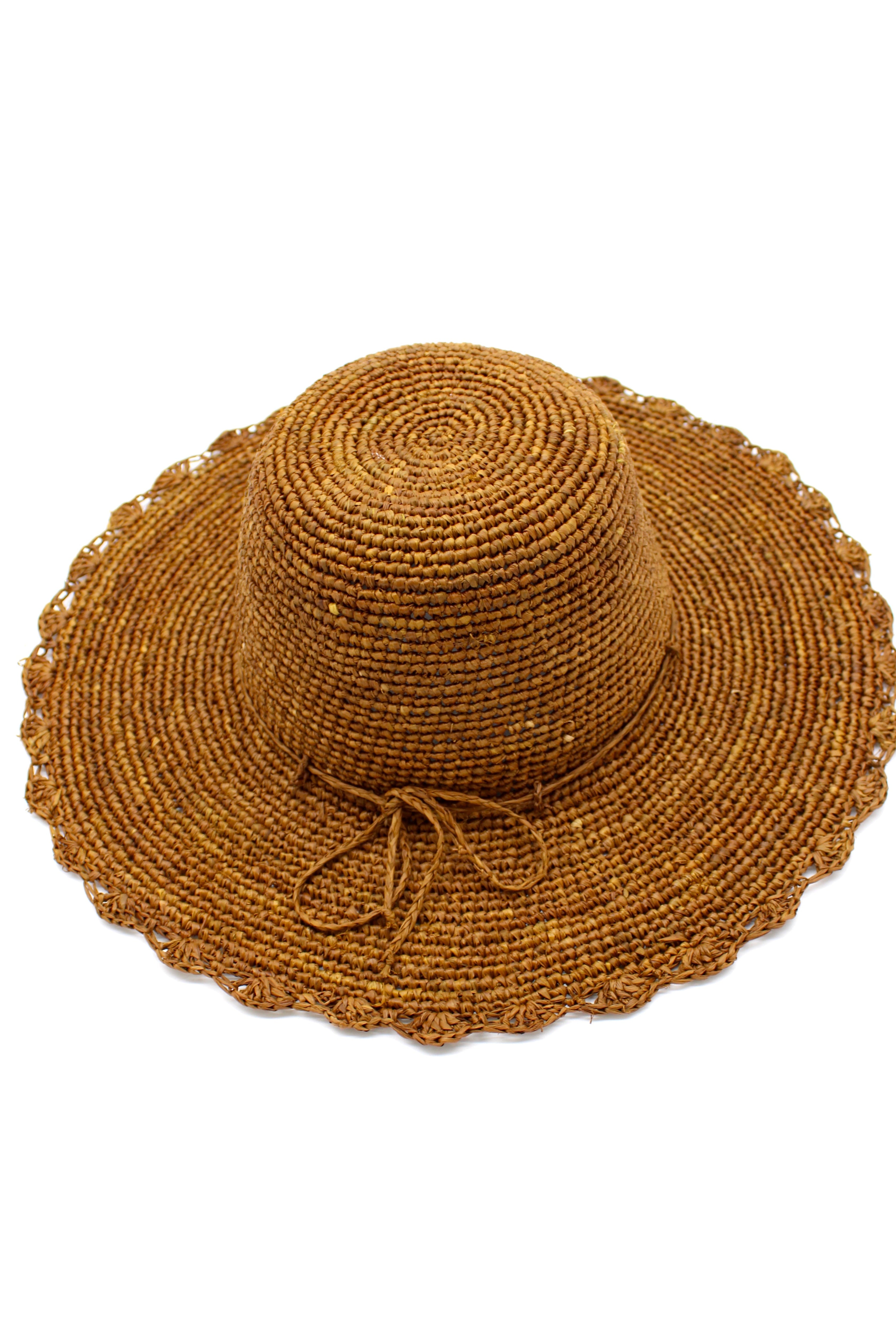 4" Brim Genevieve Cinnamon Crochet Straw Sun Hat with Lace Weave Edge handmade raffia palm fiber crochet solid hue cinammon/tobacco/brown rounded crown with detailed lace weave edge and matching adjustable hat band - Shebobo