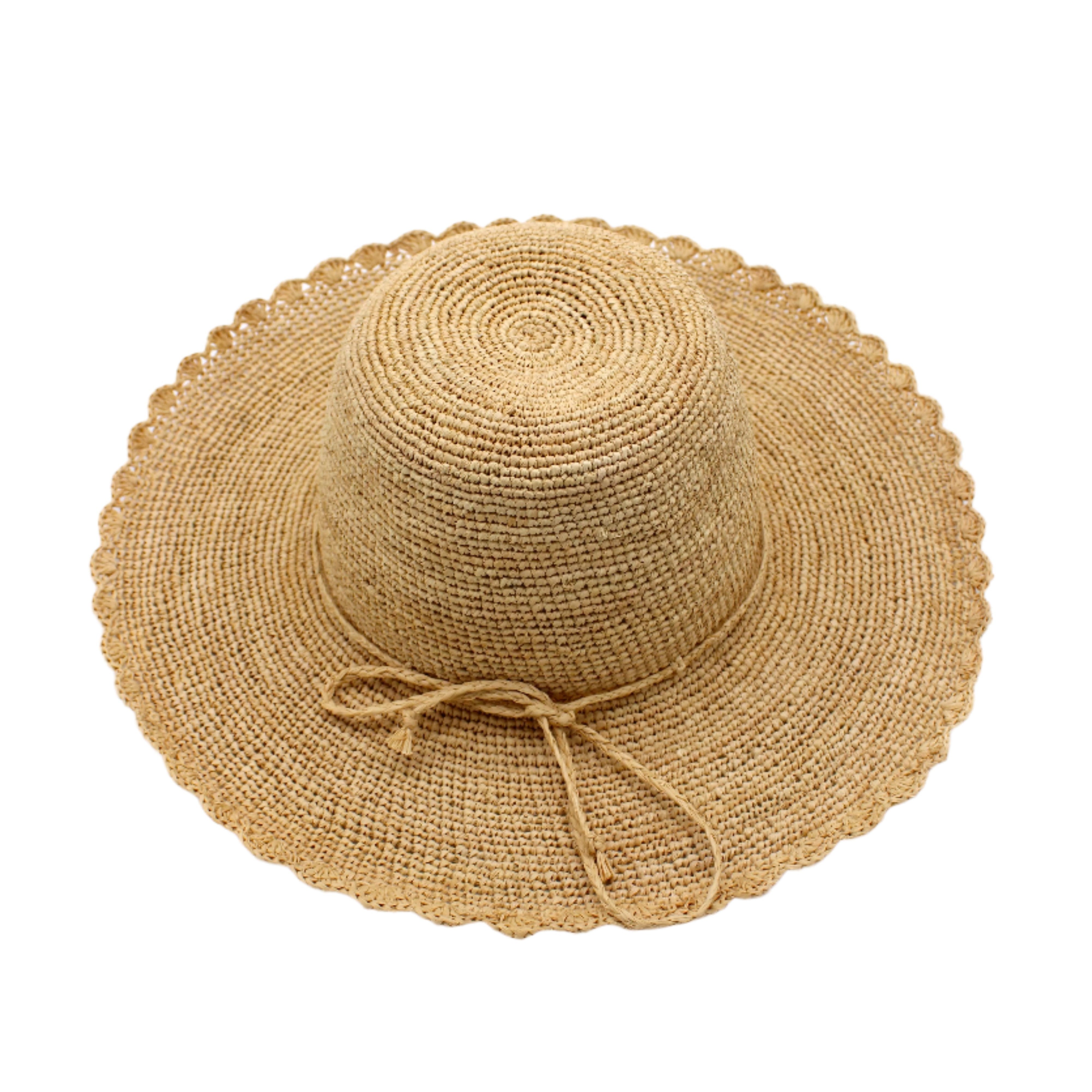 4" Brim Genevieve Natural Crochet Straw Sun Hat with Lace Weave Edge handmade raffia palm fiber crochet solid hue natural straw color rounded crown with detailed lace weave edge and matching adjustable hat band - Shebobo