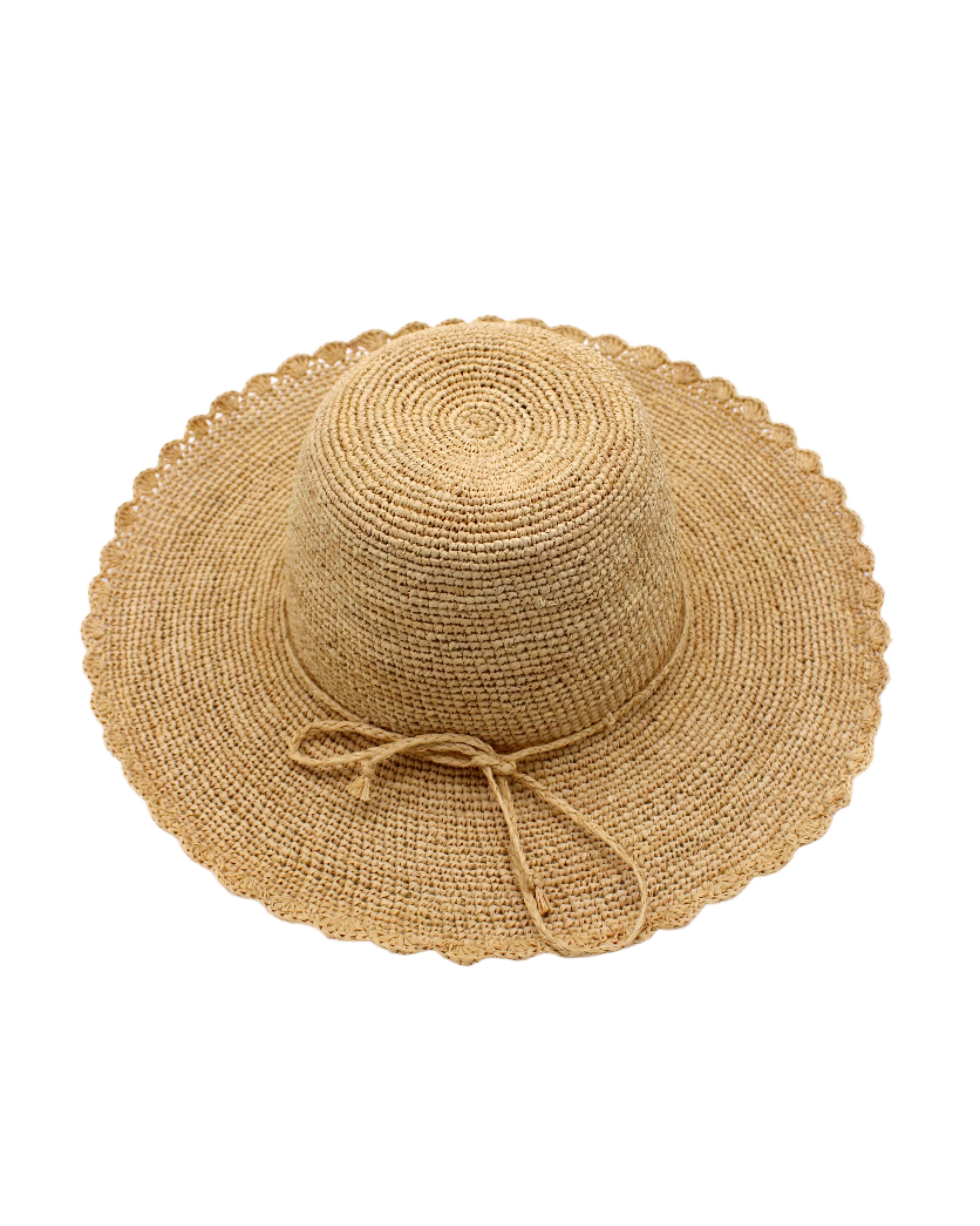 4" Brim Genevieve Natural Crochet Straw Sun Hat with Lace Weave Edge handmade raffia palm fiber crochet solid hue natural straw color rounded crown with detailed lace weave edge and matching adjustable hat band - Shebobo