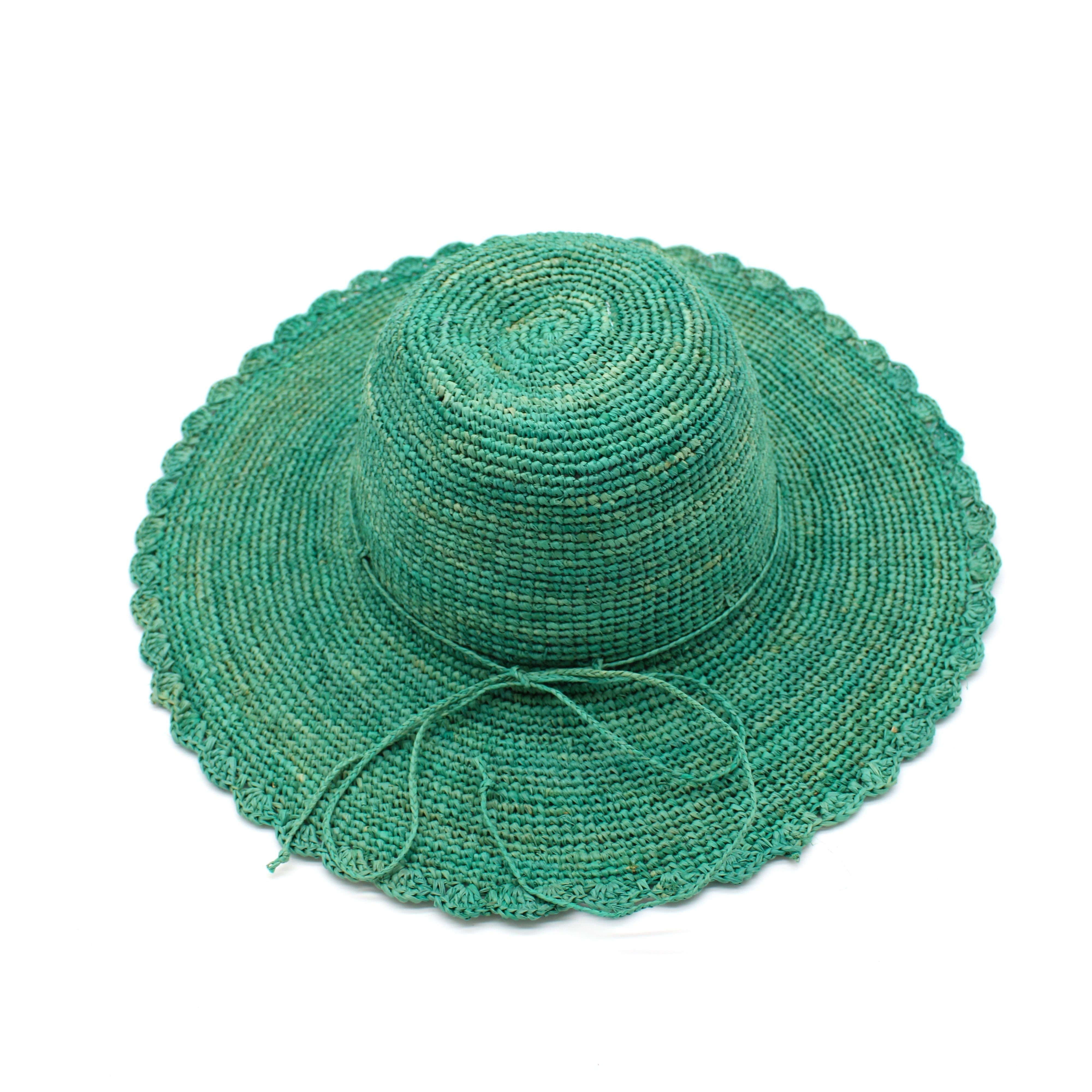 4" Brim Genevieve Seafoam Crochet Straw Sun Hat with Lace Weave Edge handmade raffia palm fiber crochet solid hue seafoam blue/green rounded crown with detailed lace weave edge and matching adjustable hat band - Shebobo