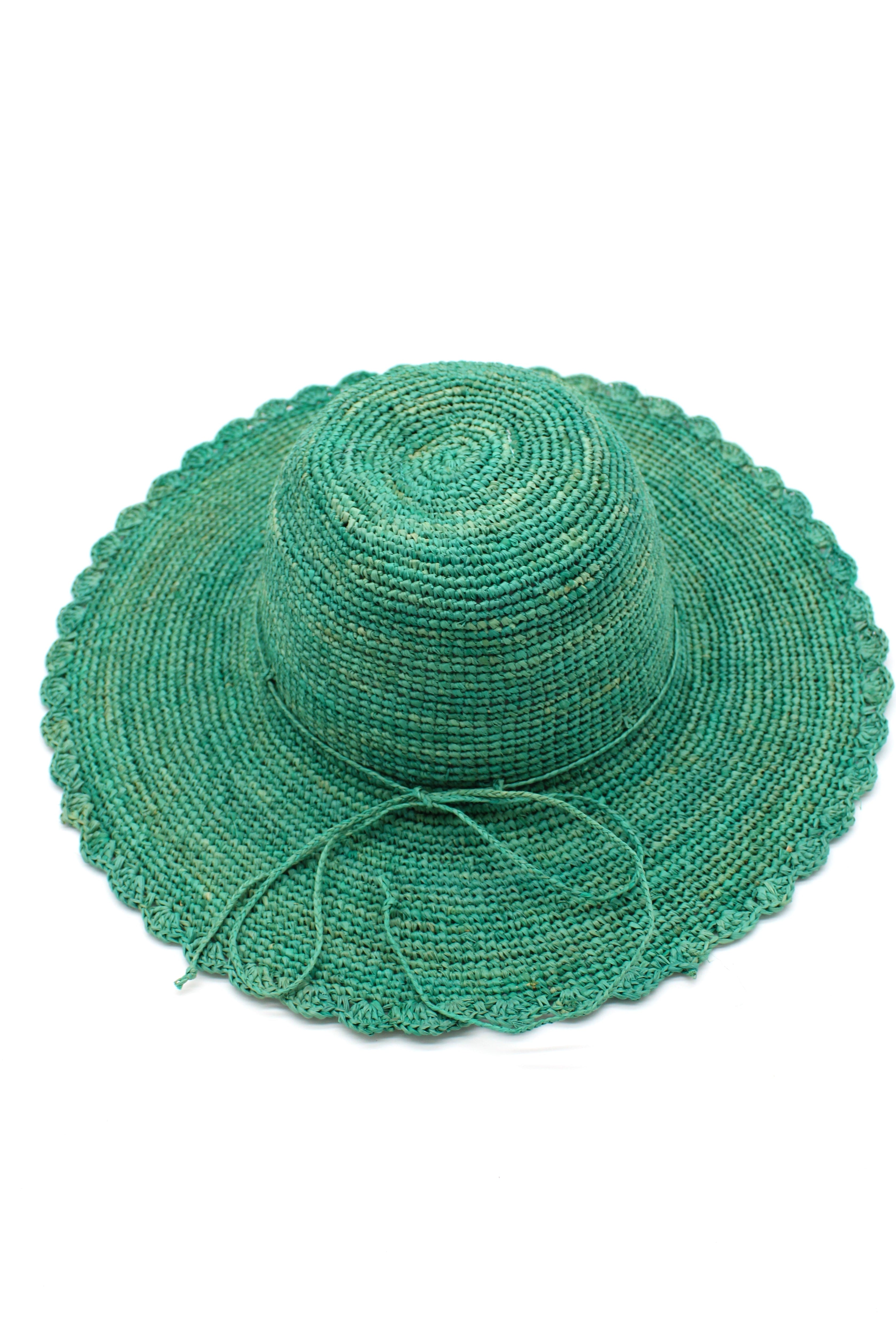 4" Brim Genevieve Seafoam Crochet Straw Sun Hat with Lace Weave Edge handmade raffia palm fiber crochet solid hue seafoam blue/green rounded crown with detailed lace weave edge and matching adjustable hat band - Shebobo