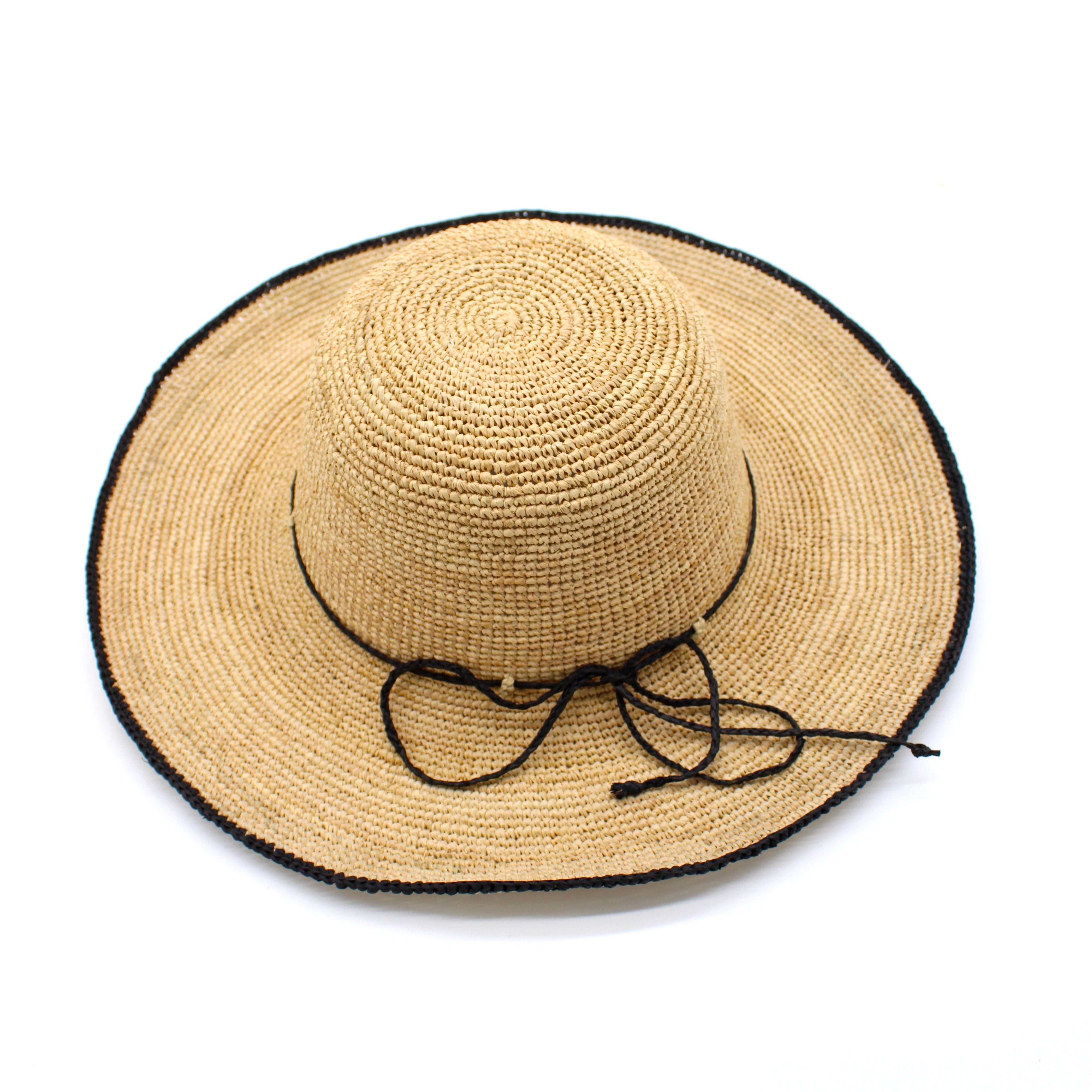 Rachel Crochet black handmade straw sun hat black trim woven edge and matching adjustable hat band on natural straw colored raffia hat - Shebobo