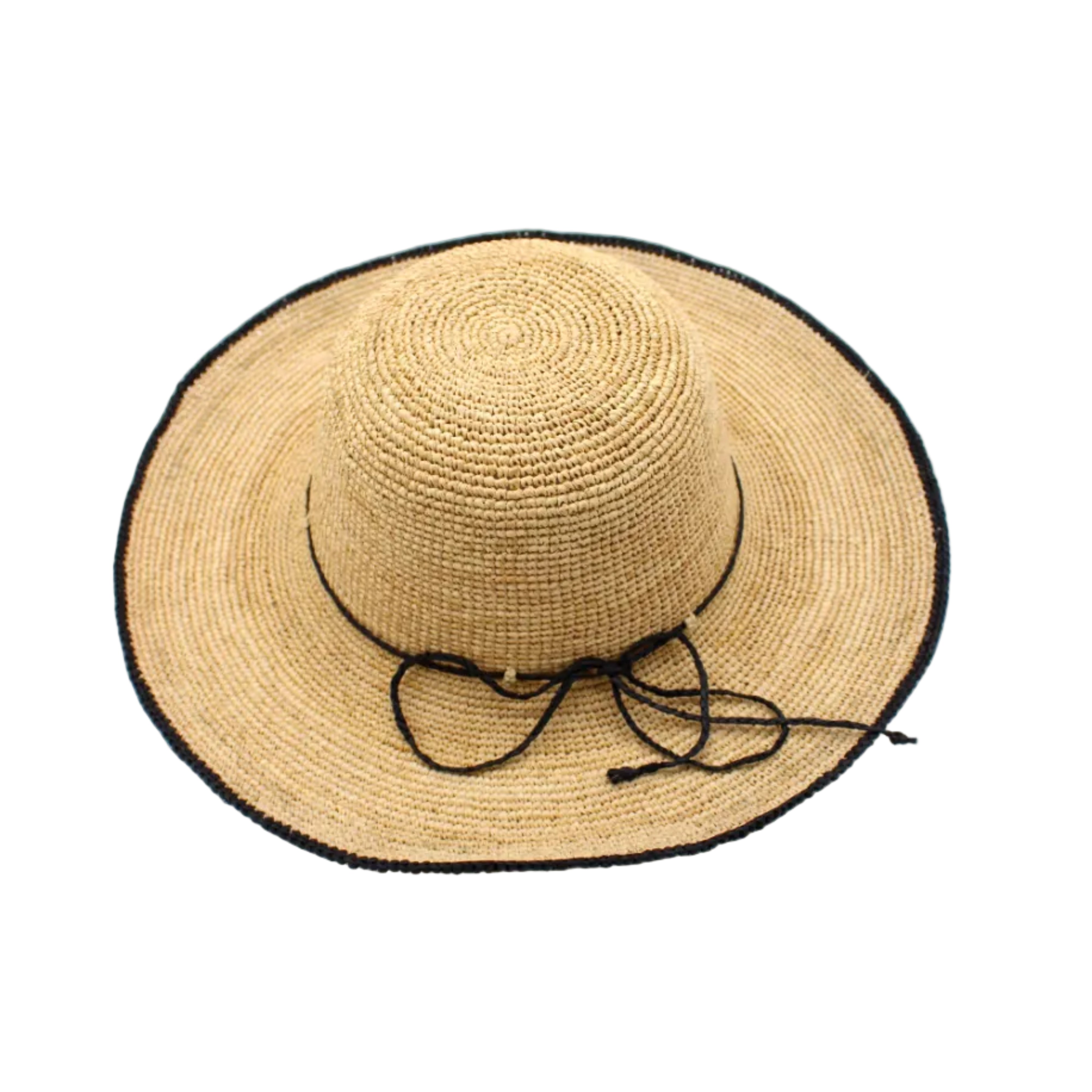 Rachel Crochet black handmade straw sun hat black trim woven edge and matching adjustable hat band on natural straw colored raffia hat - Shebobo