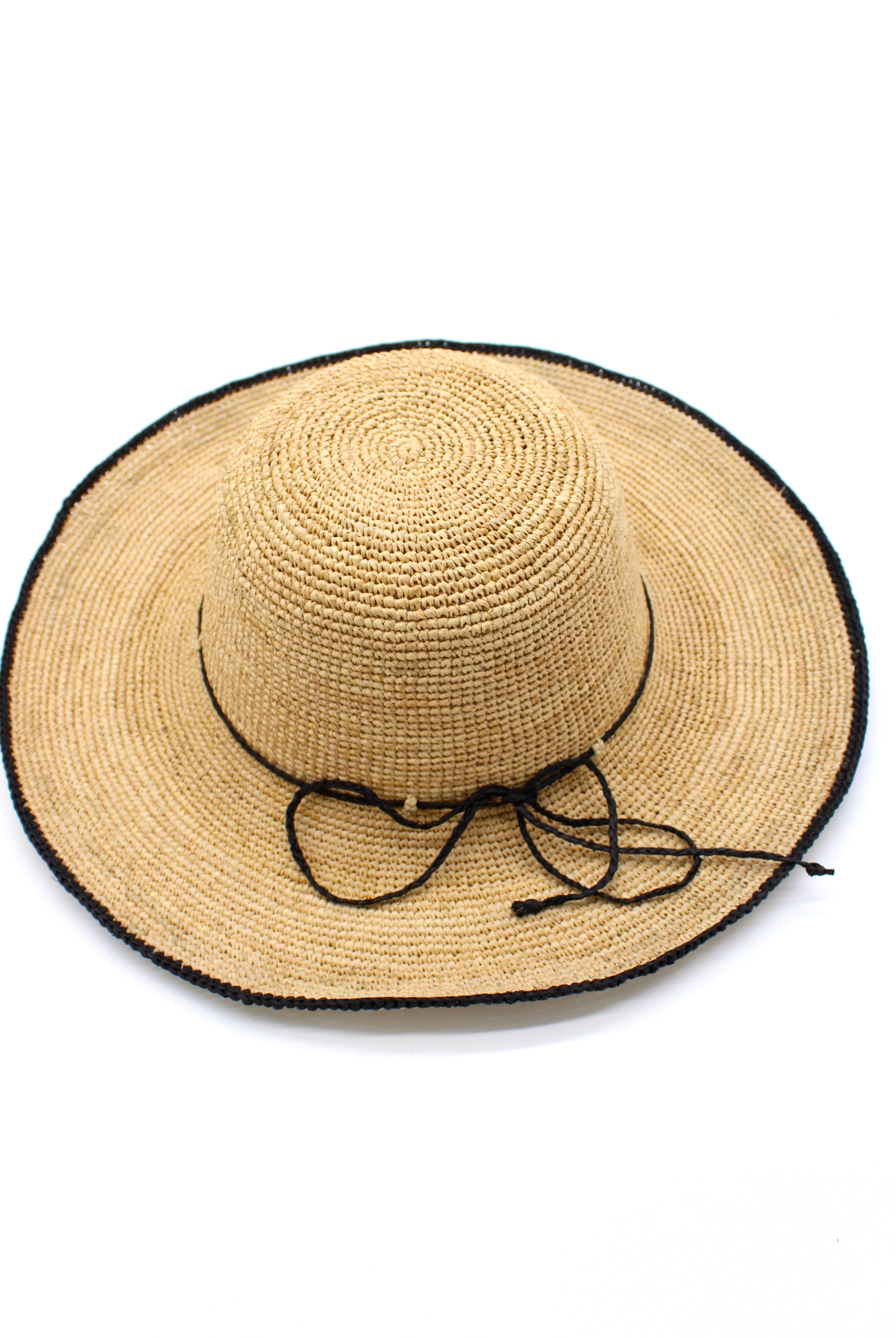 Rachel Crochet black handmade straw sun hat black trim woven edge and matching adjustable hat band on natural straw colored raffia hat - Shebobo