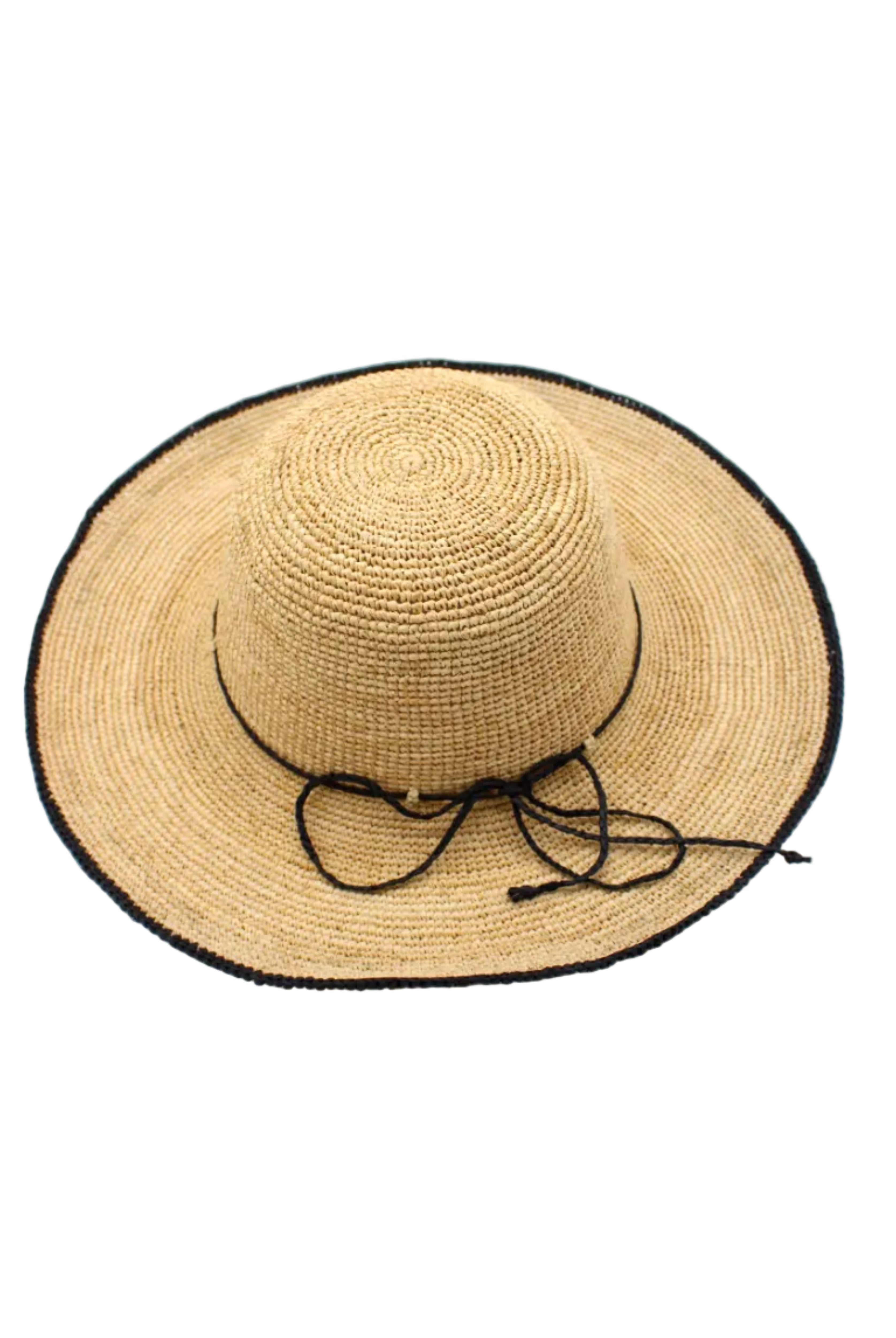 Rachel Crochet black handmade straw sun hat black trim woven edge and matching adjustable hat band on natural straw colored raffia hat - Shebobo