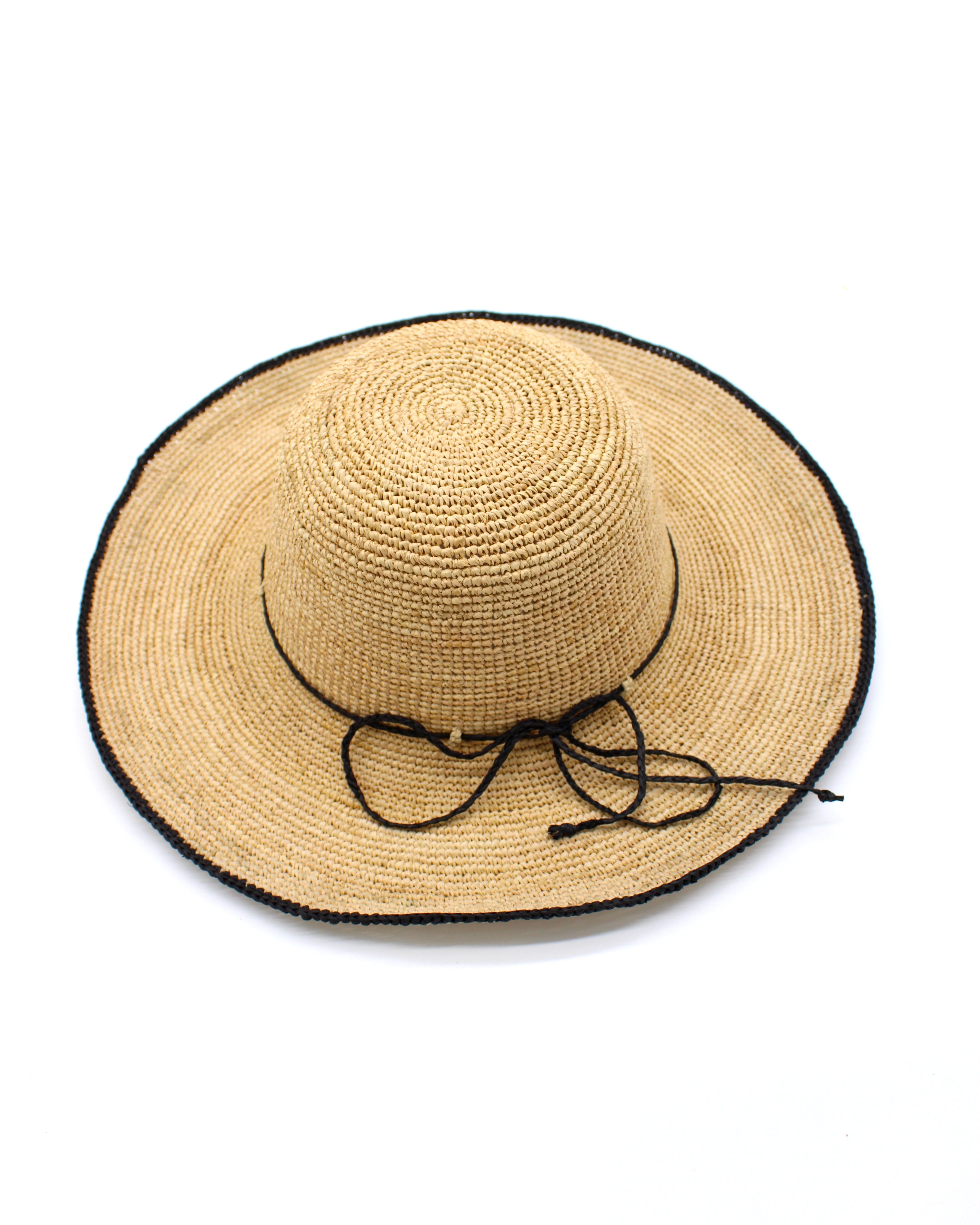 Rachel Crochet black handmade straw sun hat black trim woven edge and matching adjustable hat band on natural straw colored raffia hat - Shebobo