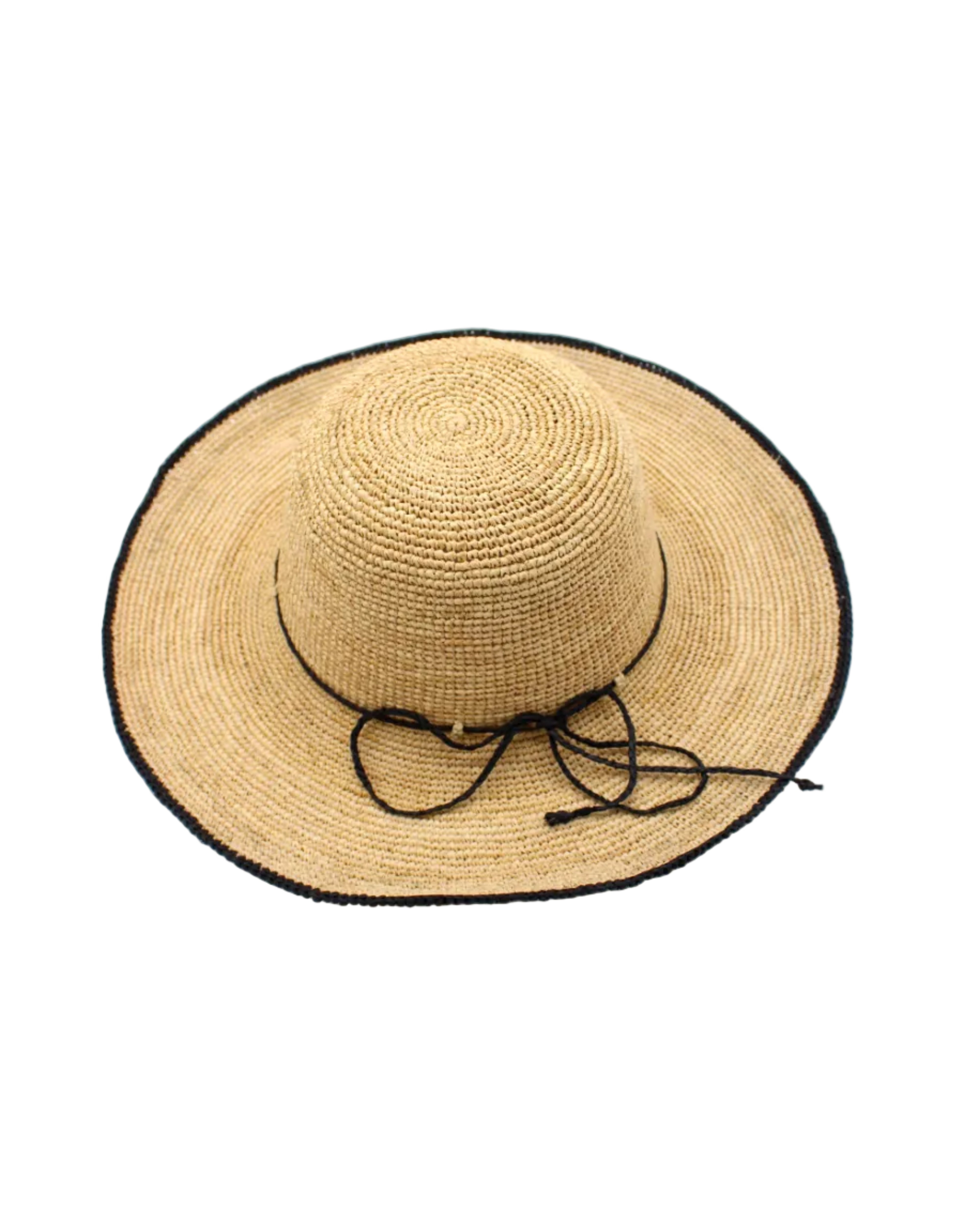 Rachel Crochet black handmade straw sun hat black trim woven edge and matching adjustable hat band on natural straw colored raffia hat - Shebobo
