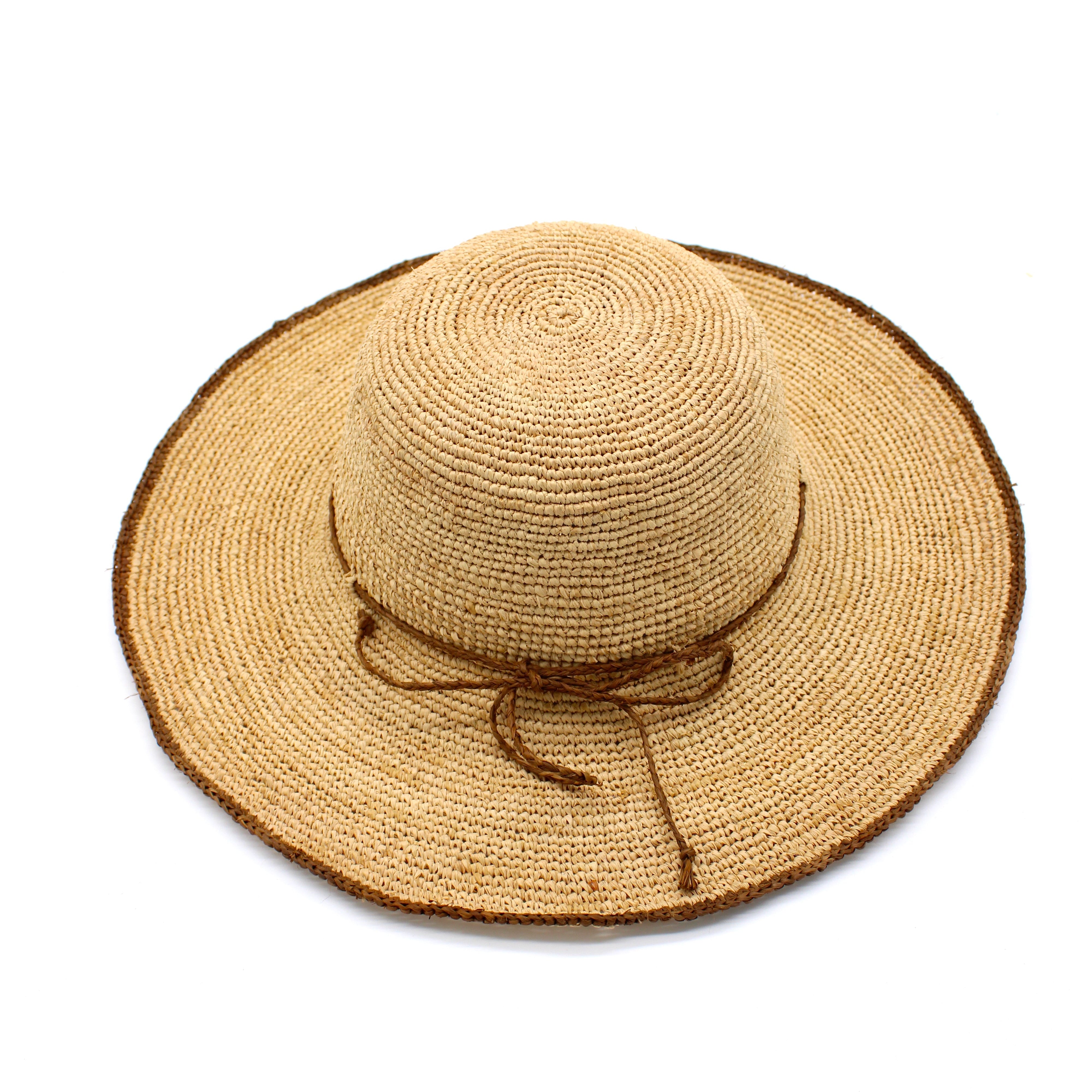 4" Brim Rachel Cinnamon Crochet Straw Sun Hat handmade crochet natural raffia palm fiber hat with dark brown/cinnamon/tobacco edge and matching corded hat band - Shebobo