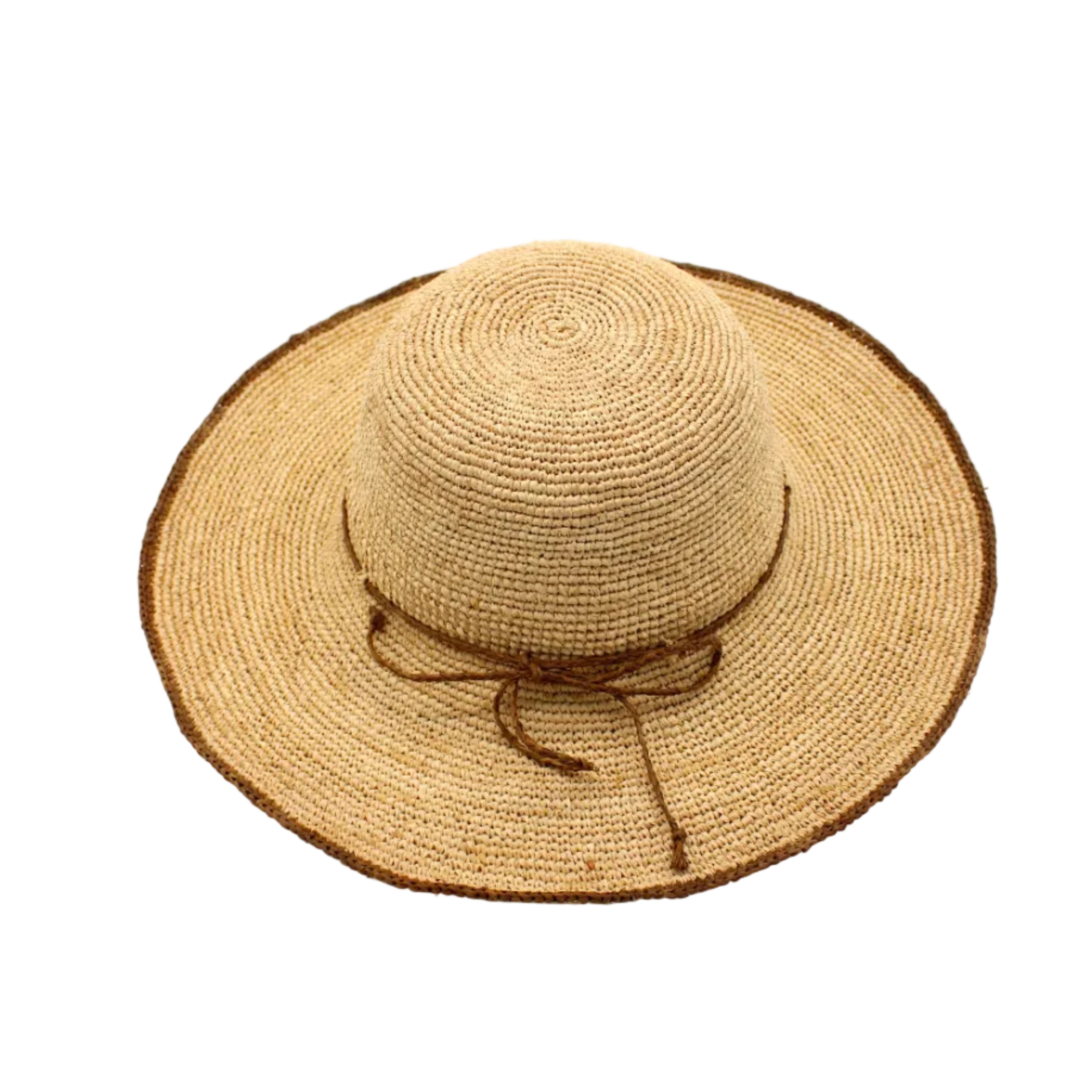 4" Brim Rachel Cinnamon Crochet Straw Sun Hat handmade crochet natural raffia palm fiber hat with dark brown/cinnamon/tobacco edge and matching corded hat band - Shebobo