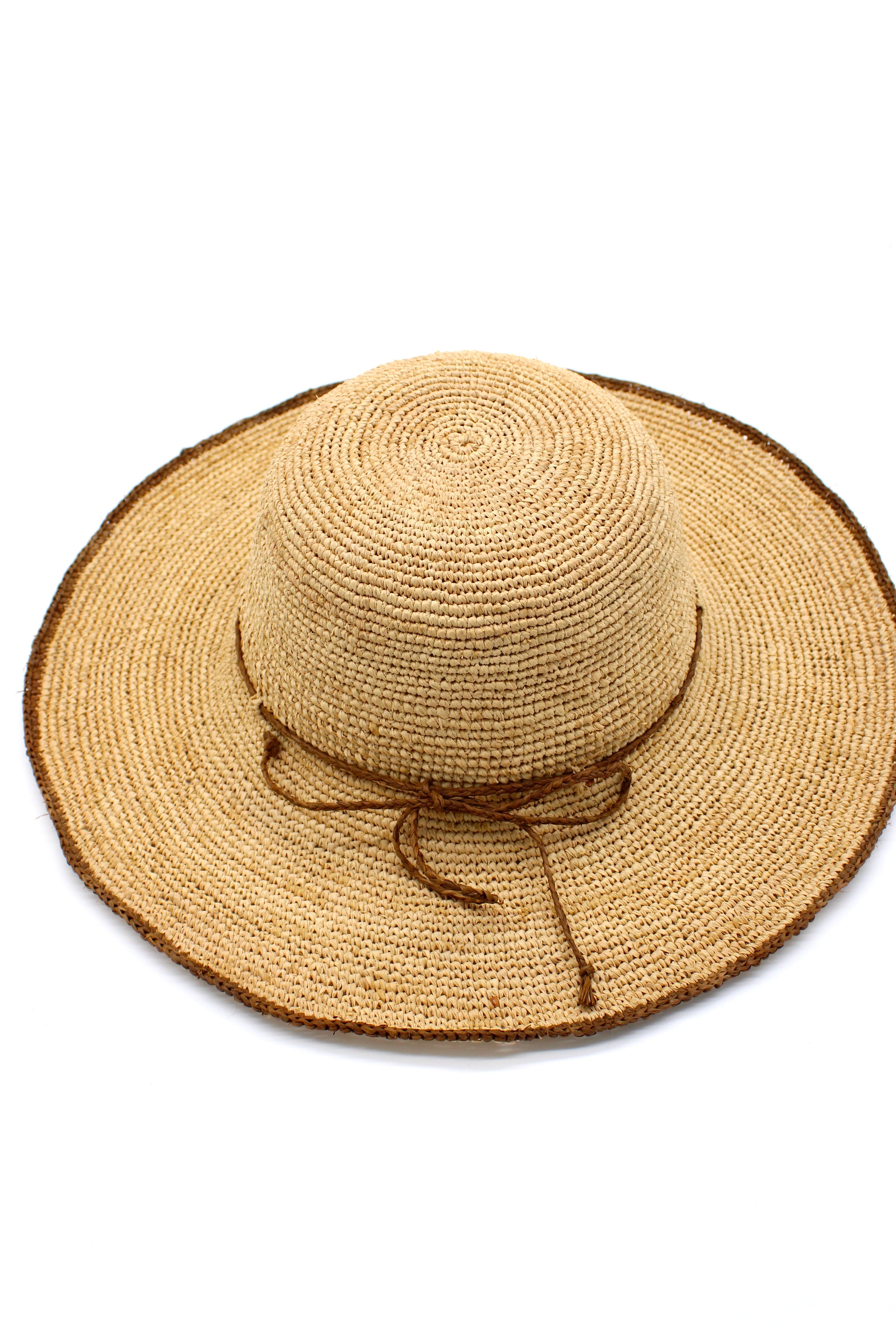 4" Brim Rachel Cinnamon Crochet Straw Sun Hat handmade crochet natural raffia palm fiber hat with dark brown/cinnamon/tobacco edge and matching corded hat band - Shebobo