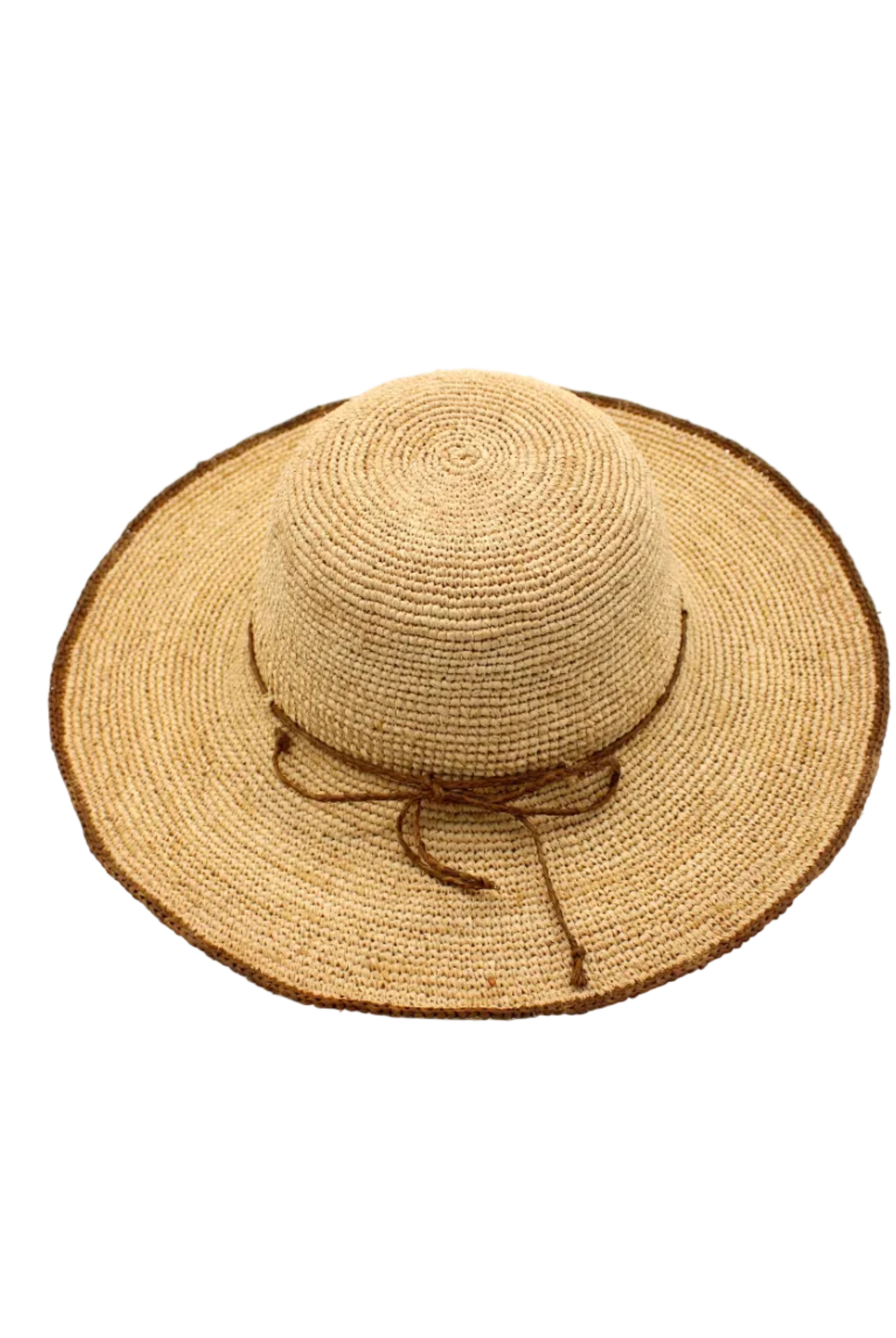 4" Brim Rachel Cinnamon Crochet Straw Sun Hat handmade crochet natural raffia palm fiber hat with dark brown/cinnamon/tobacco edge and matching corded hat band - Shebobo