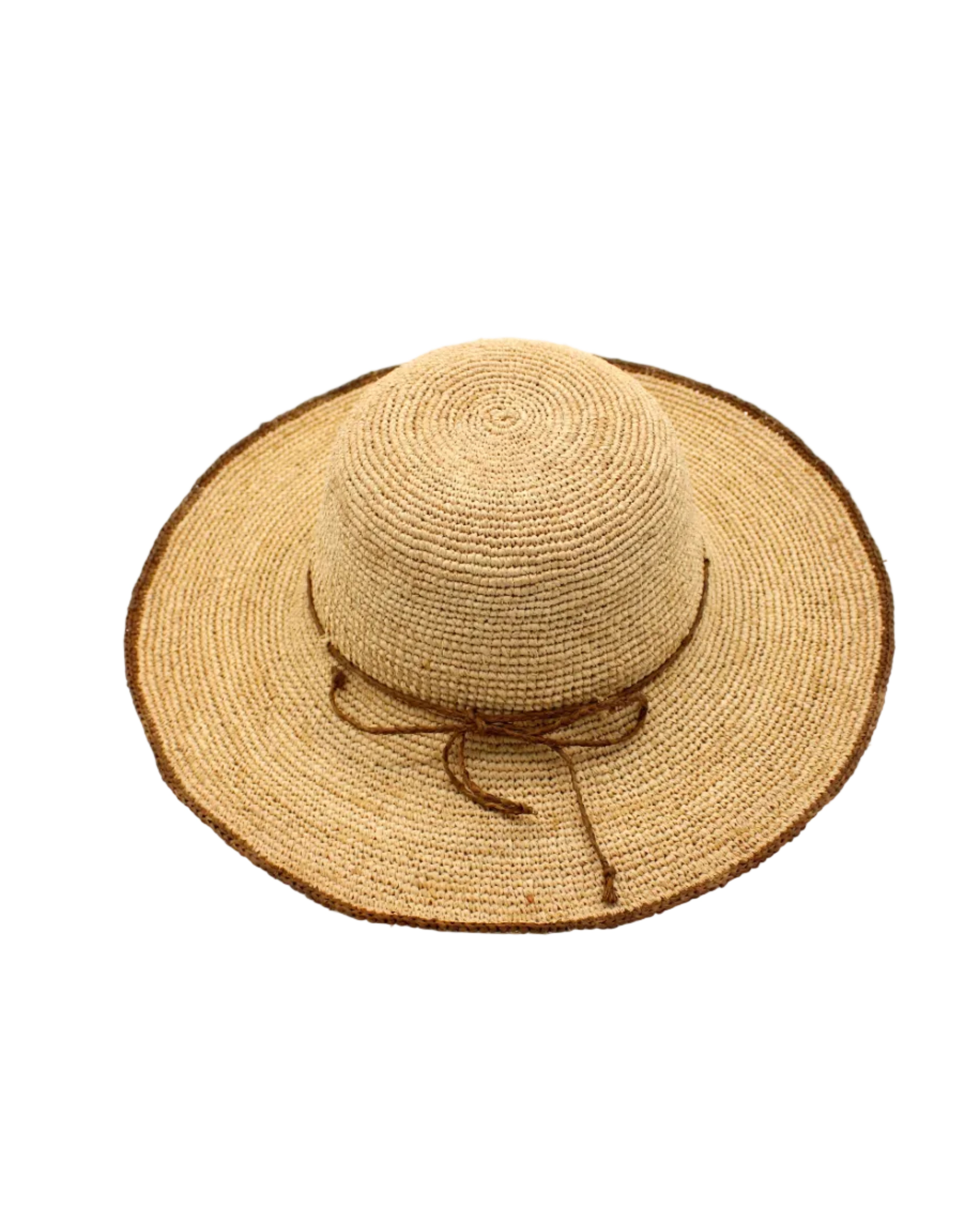 4" Brim Rachel Cinnamon Crochet Straw Sun Hat handmade crochet natural raffia palm fiber hat with dark brown/cinnamon/tobacco edge and matching corded hat band - Shebobo