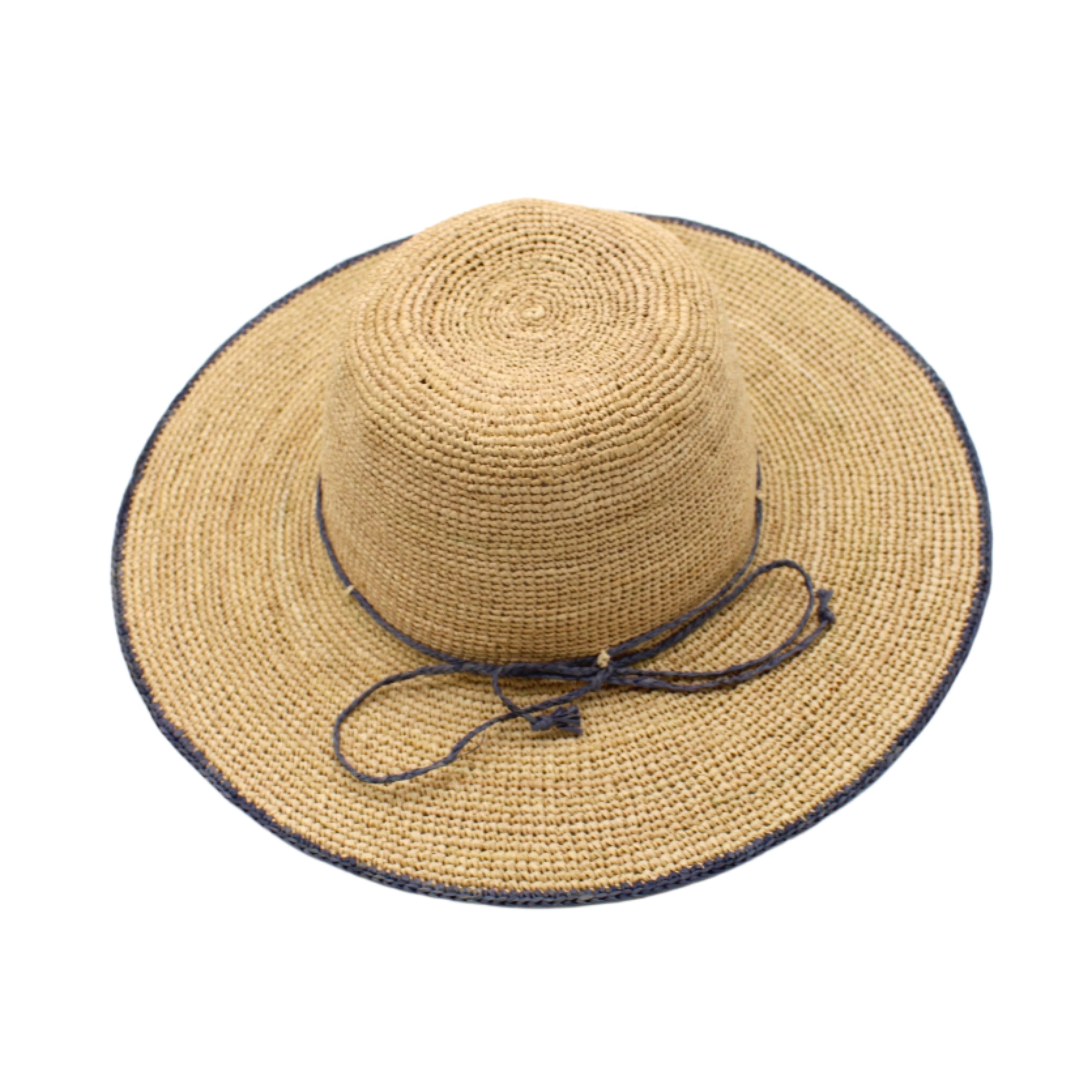 4 inch brim Rachel Crochet grey handmade straw sun hat grey trim woven edge and matching adjustable hat band on natural straw colored raffia hat - Shebobo