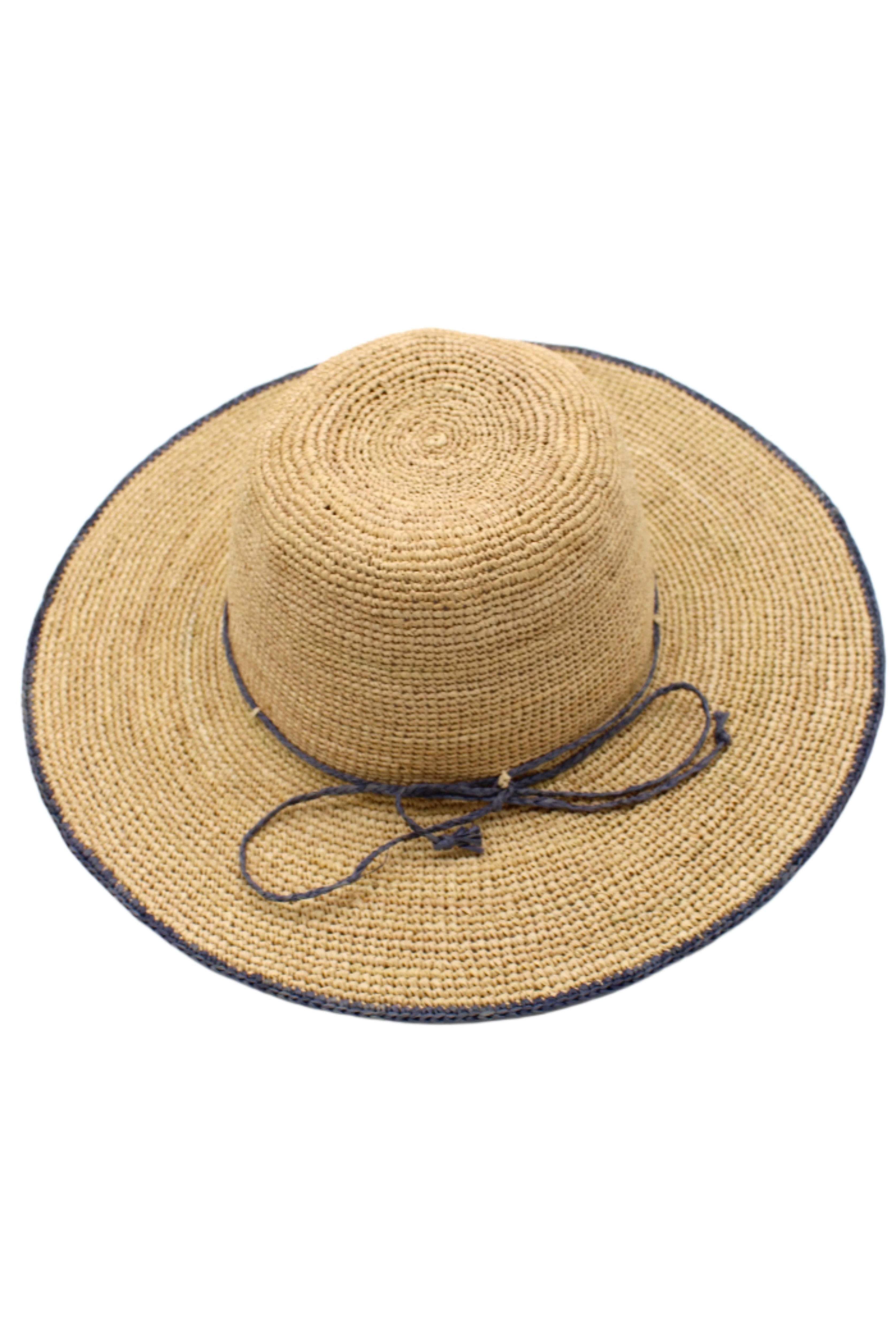 4 inch brim Rachel Crochet grey handmade straw sun hat grey trim woven edge and matching adjustable hat band on natural straw colored raffia hat - Shebobo