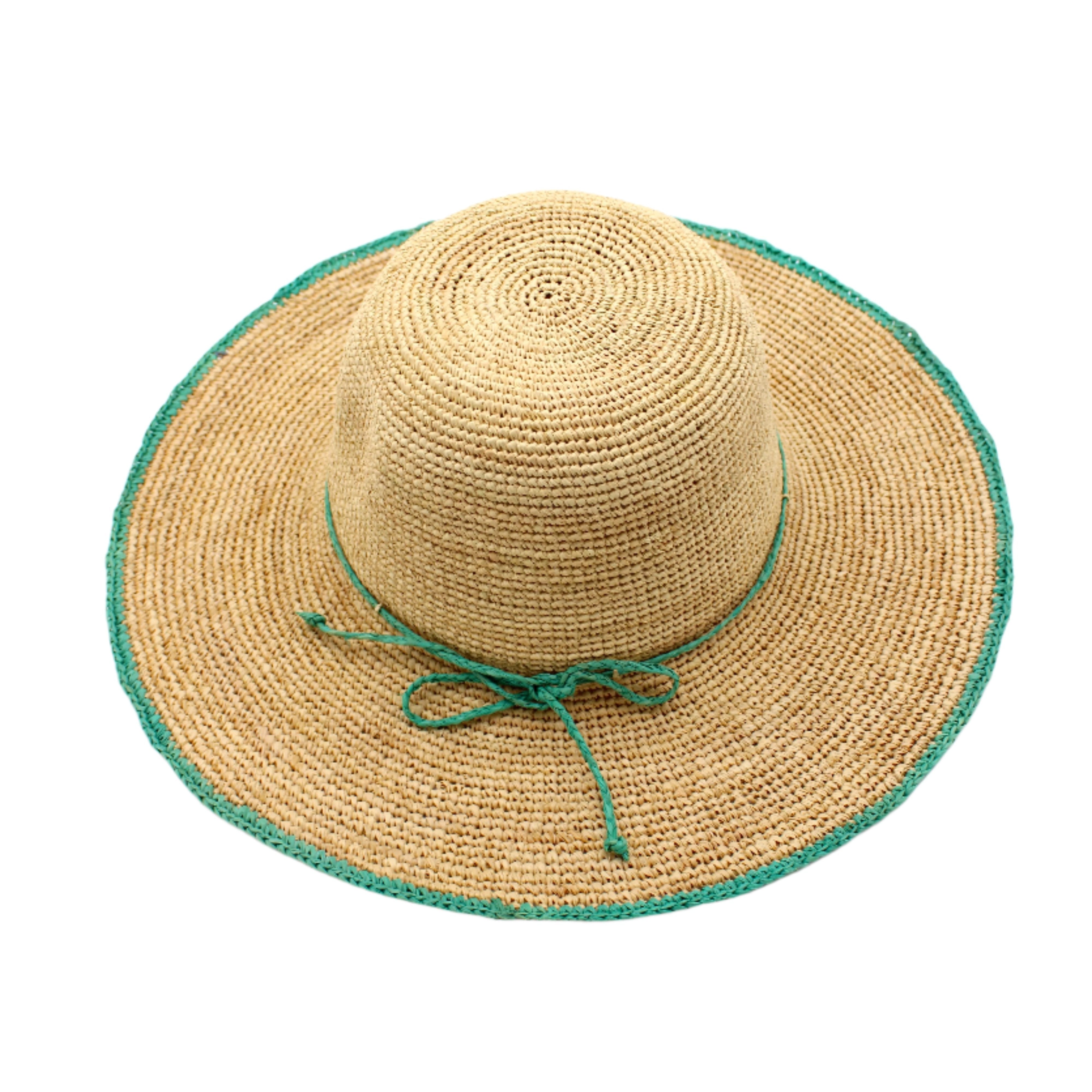 4" Brim Rachel Seafoam Crochet Straw Sun Hat handmade crochet natural raffia hat with seafoam blue/green edge and matching corded hat band - Shebobo
