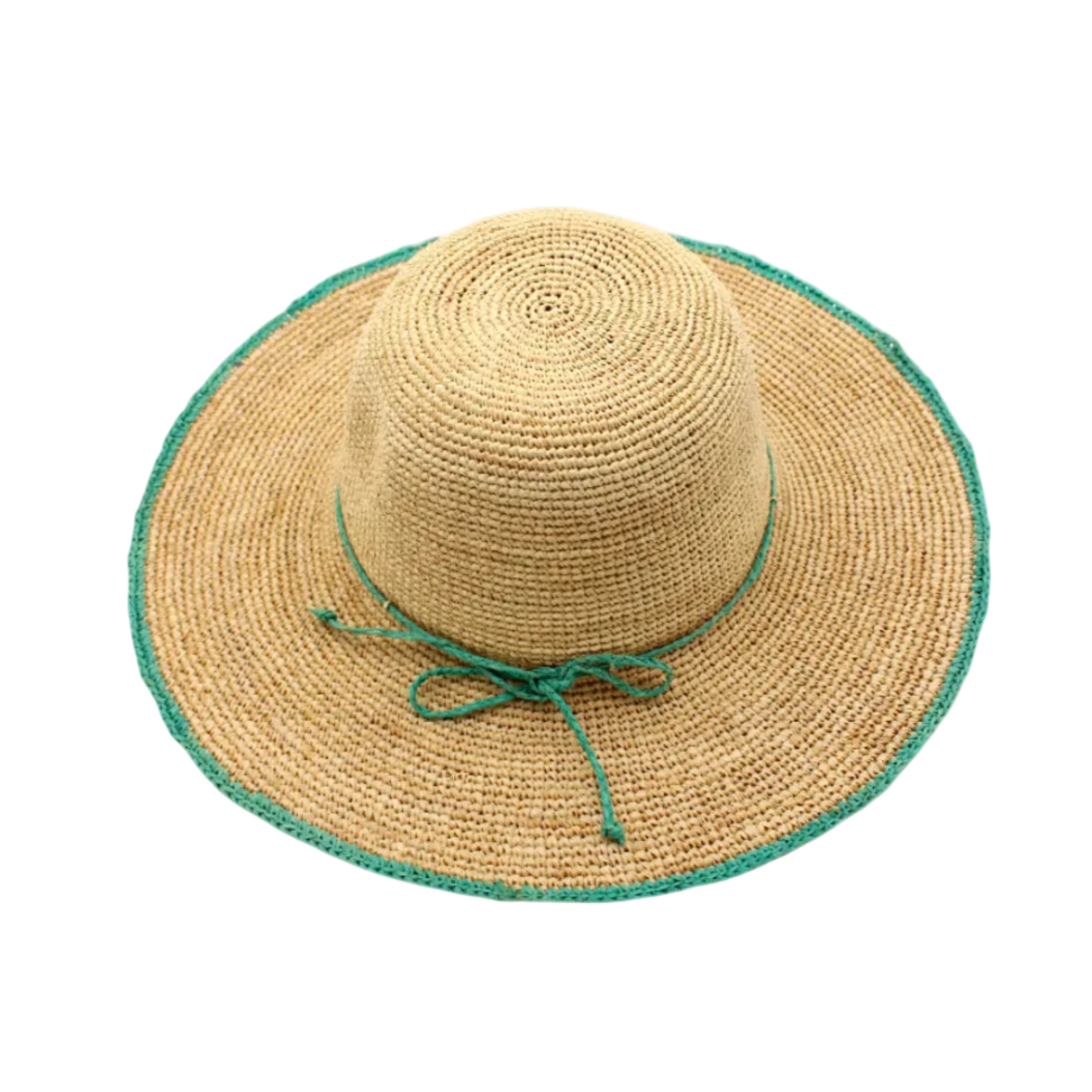 4" Brim Rachel Seafoam Crochet Straw Sun Hat handmade crochet natural raffia hat with seafoam blue/green edge and matching corded hat band - Shebobo