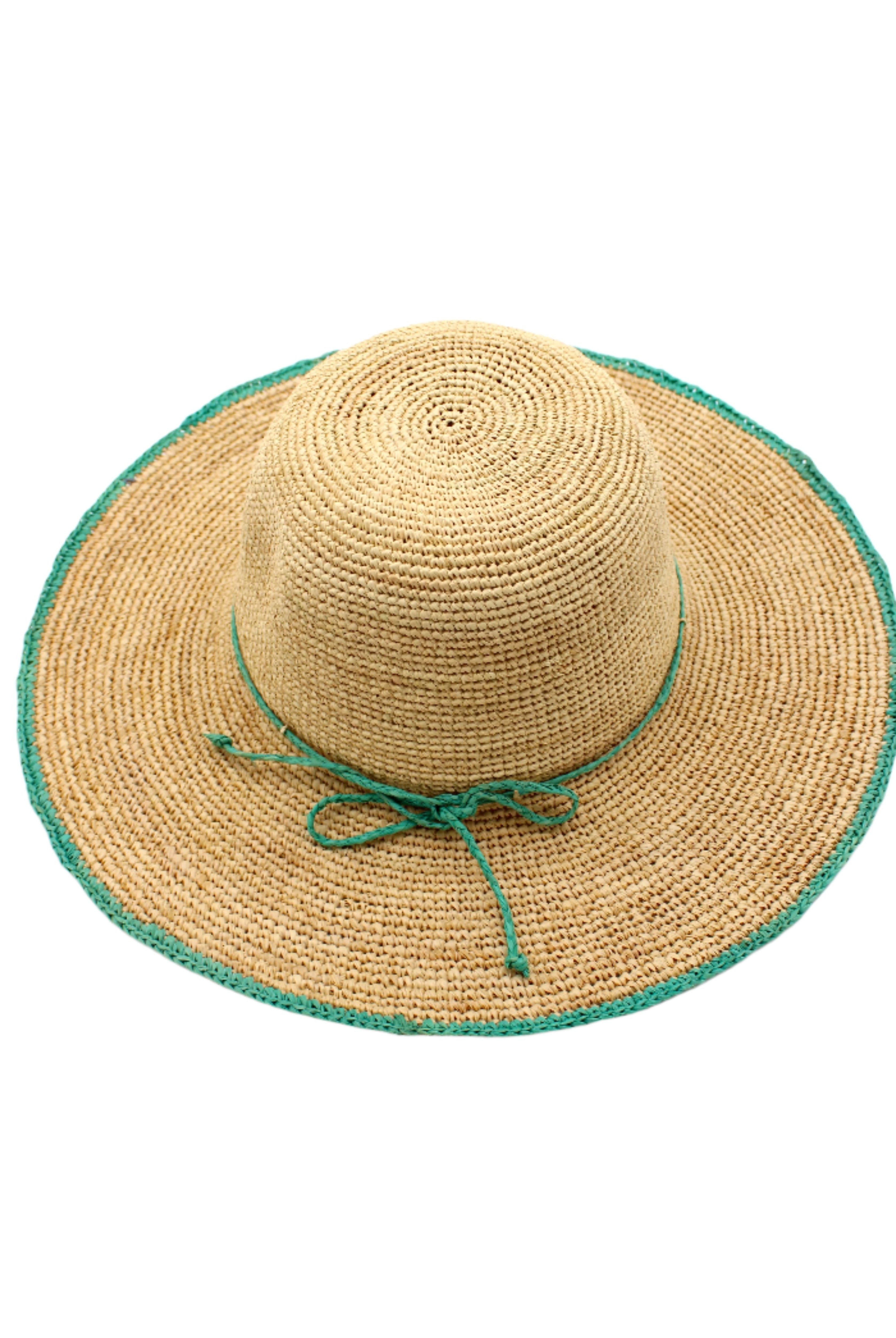 4" Brim Rachel Seafoam Crochet Straw Sun Hat handmade crochet natural raffia hat with seafoam blue/green edge and matching corded hat band - Shebobo