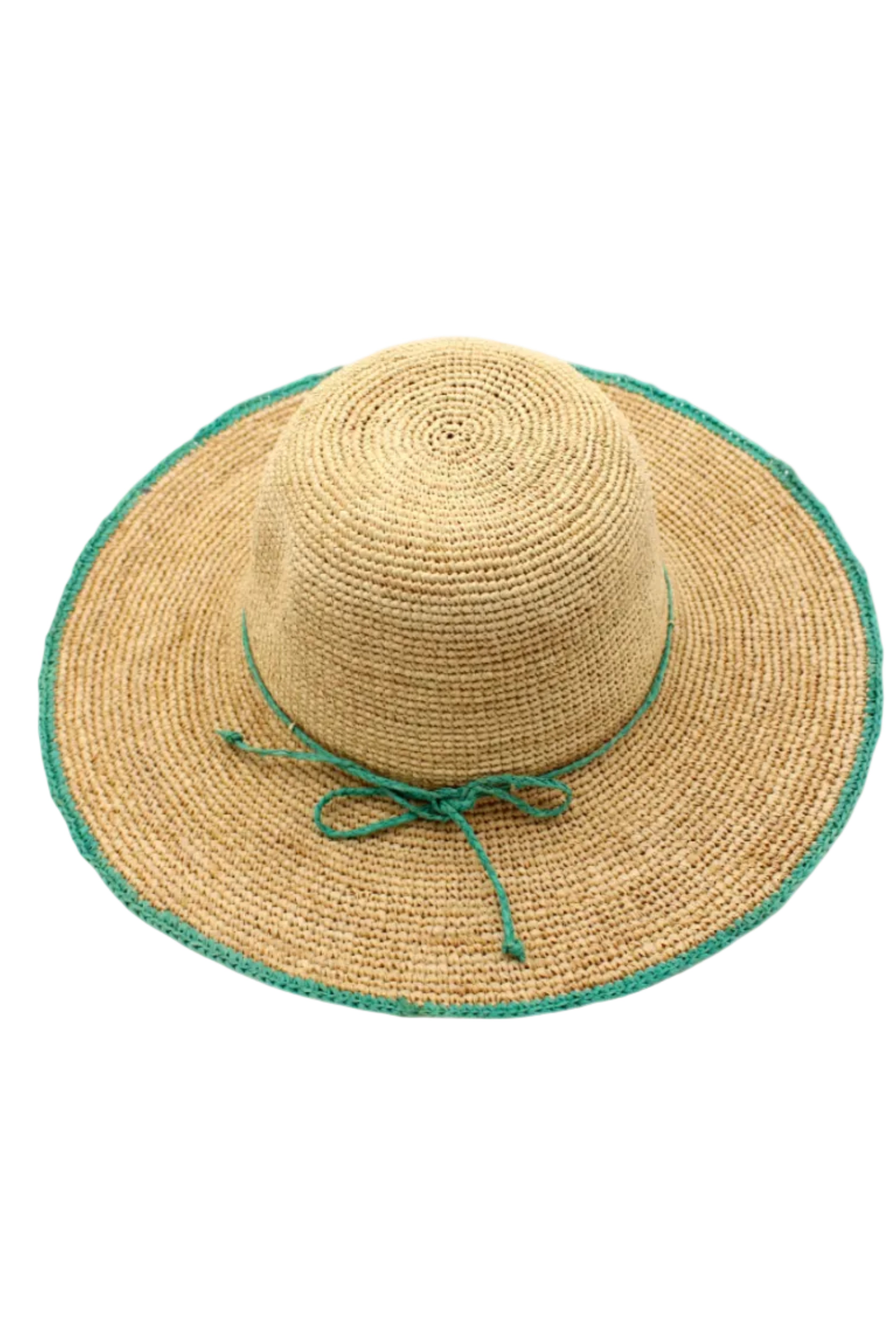 4" Brim Rachel Seafoam Crochet Straw Sun Hat handmade crochet natural raffia hat with seafoam blue/green edge and matching corded hat band - Shebobo