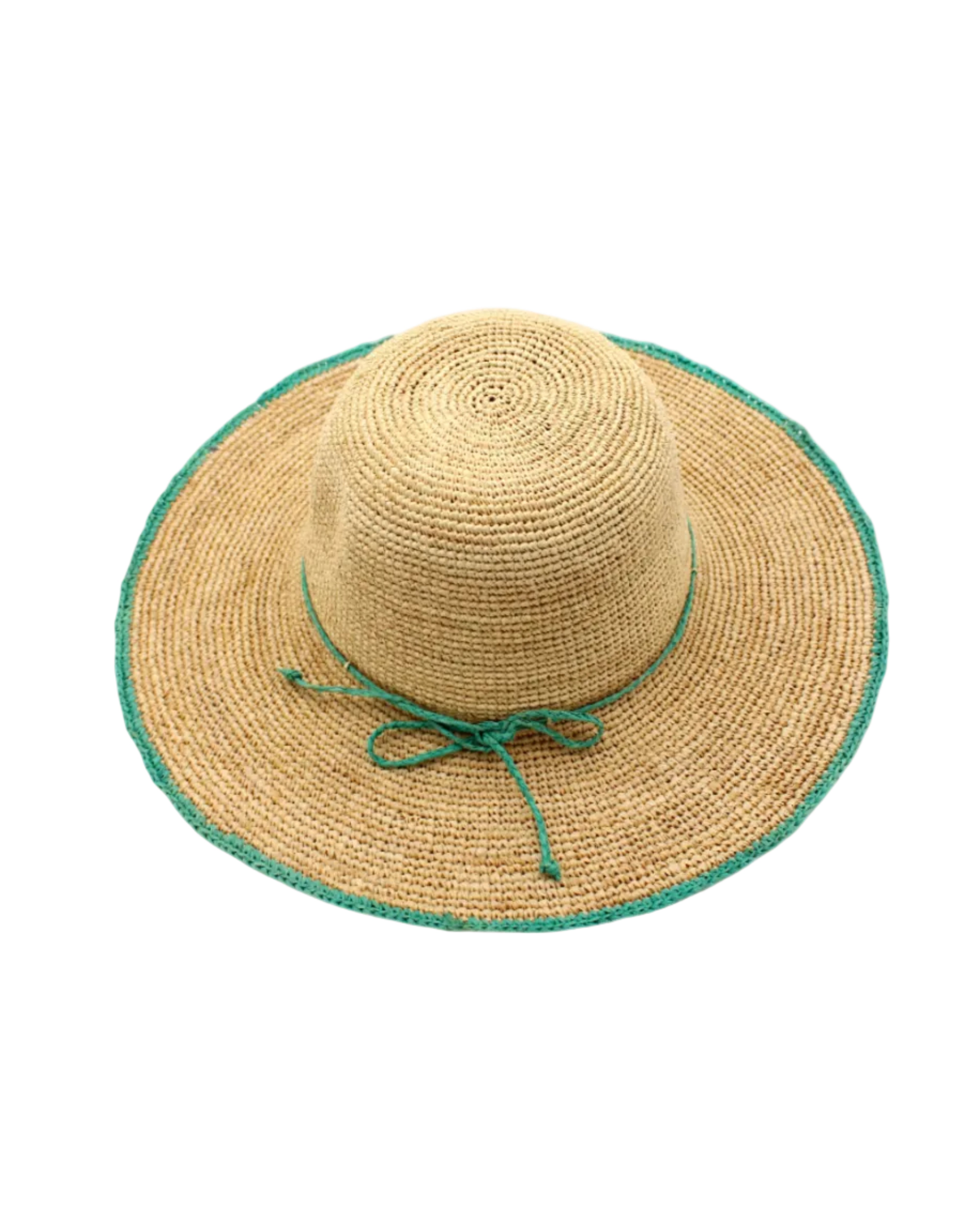 4" Brim Rachel Seafoam Crochet Straw Sun Hat handmade crochet natural raffia hat with seafoam blue/green edge and matching corded hat band - Shebobo