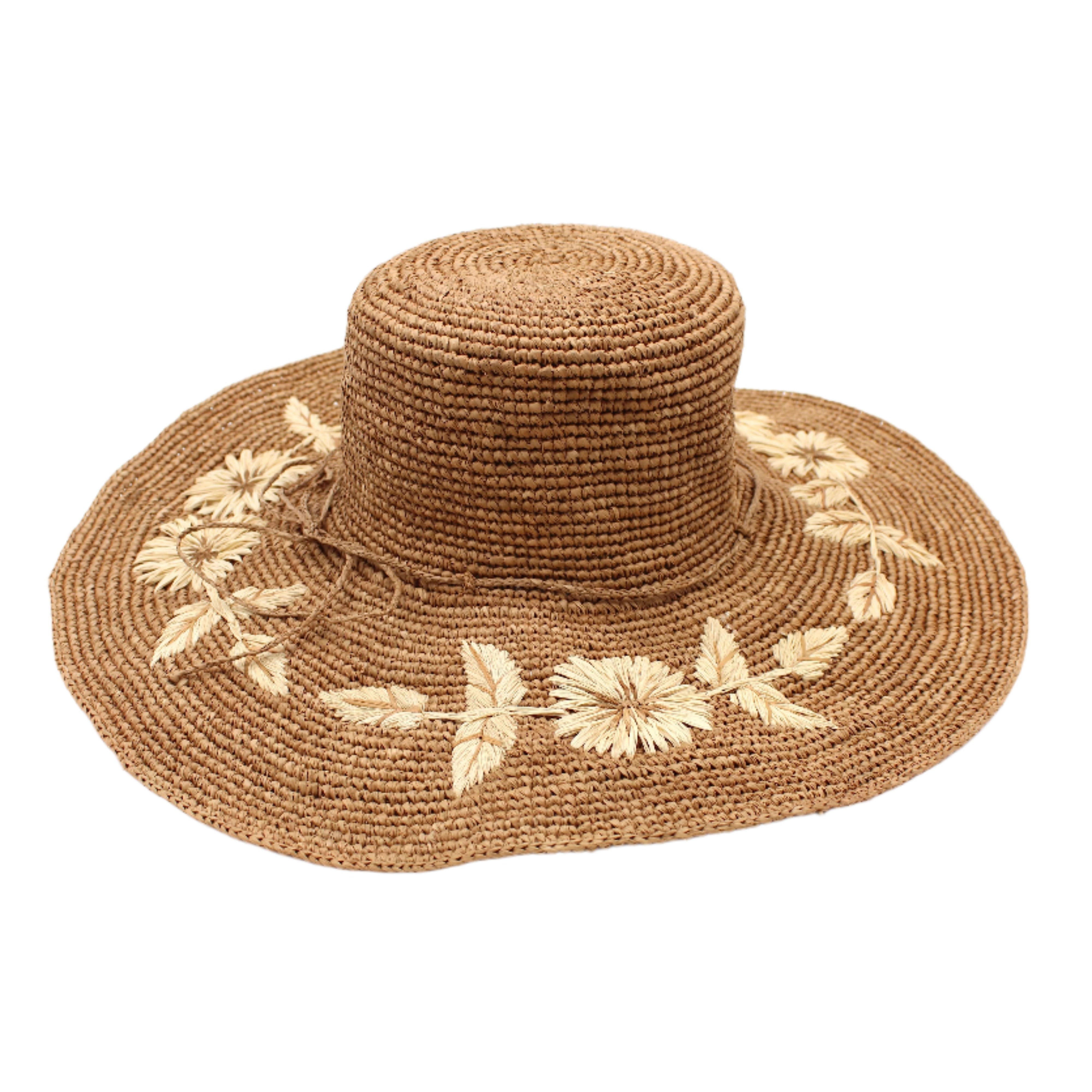 5.5" Brim Gigi Cinnamon and Natural Floral Embroidered Crochet Straw Sun Hats handmade crochet natural raffia palm fiber in a solid hue of cinnamon dark brown making a concentric pattern from the center top of the flattened crown spiraling out to the edge of the brim with matching adjustable raffia braid hat band and natural straw color floral pattern with leaves embroidered on the brim - Shebobo
