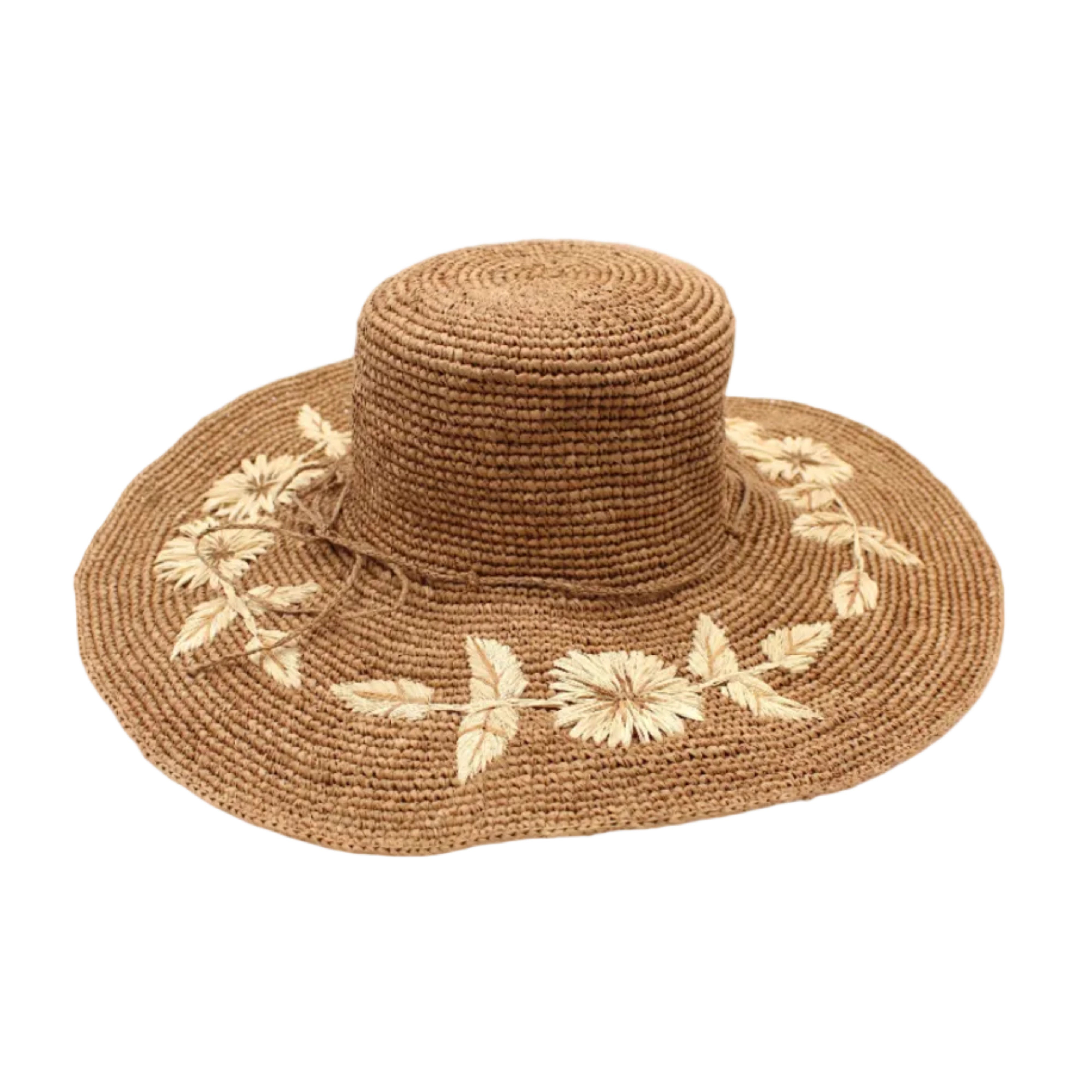 5.5" Brim Gigi Cinnamon and Natural Floral Embroidered Crochet Straw Sun Hats handmade crochet natural raffia palm fiber in a solid hue of cinnamon dark brown making a concentric pattern from the center top of the flattened crown spiraling out to the edge of the brim with matching adjustable raffia braid hat band and natural straw color floral pattern with leaves embroidered on the brim - Shebobo