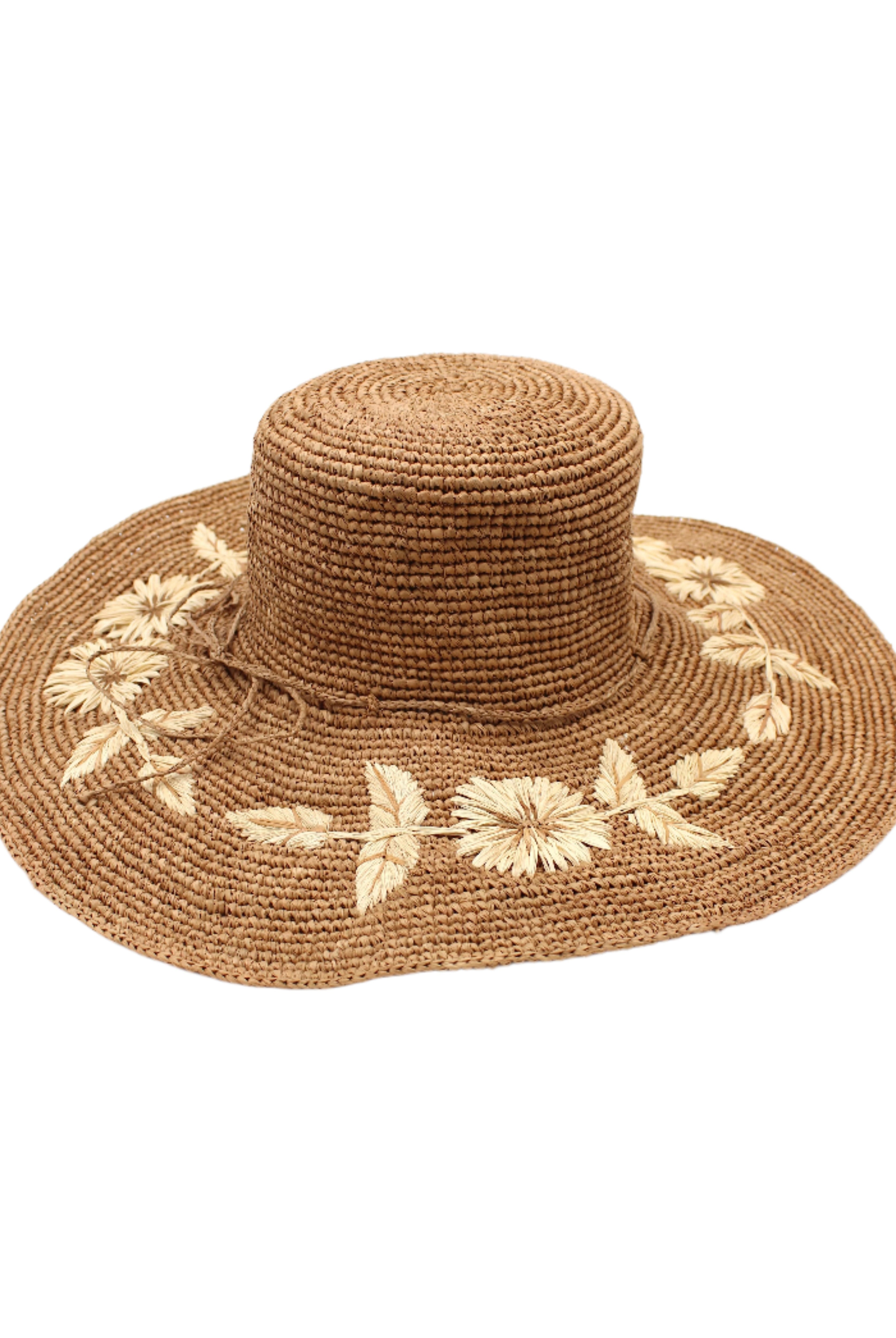 5.5" Brim Gigi Cinnamon and Natural Floral Embroidered Crochet Straw Sun Hats handmade crochet natural raffia palm fiber in a solid hue of cinnamon dark brown making a concentric pattern from the center top of the flattened crown spiraling out to the edge of the brim with matching adjustable raffia braid hat band and natural straw color floral pattern with leaves embroidered on the brim - Shebobo