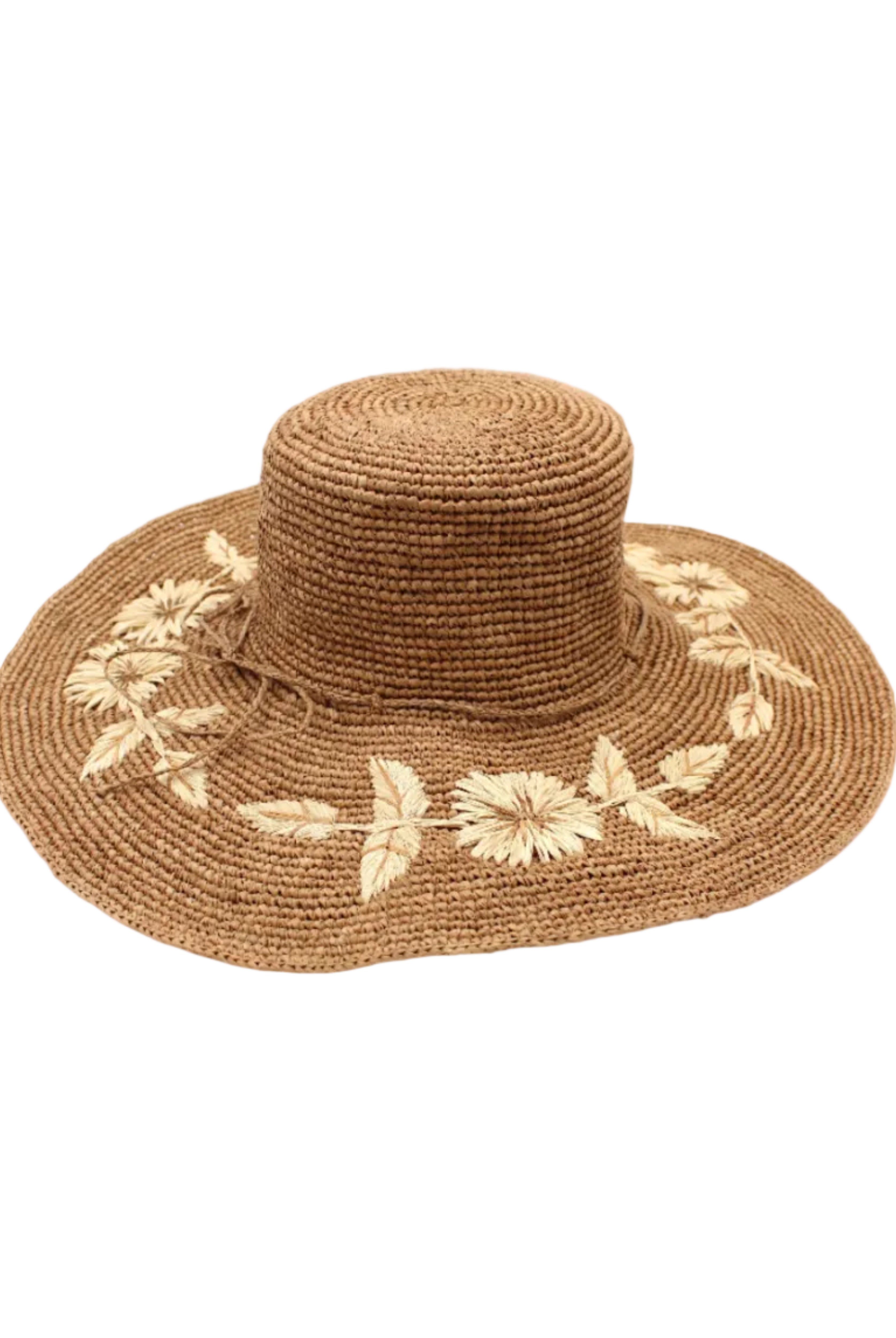 5.5" Brim Gigi Cinnamon and Natural Floral Embroidered Crochet Straw Sun Hats handmade crochet natural raffia palm fiber in a solid hue of cinnamon dark brown making a concentric pattern from the center top of the flattened crown spiraling out to the edge of the brim with matching adjustable raffia braid hat band and natural straw color floral pattern with leaves embroidered on the brim - Shebobo