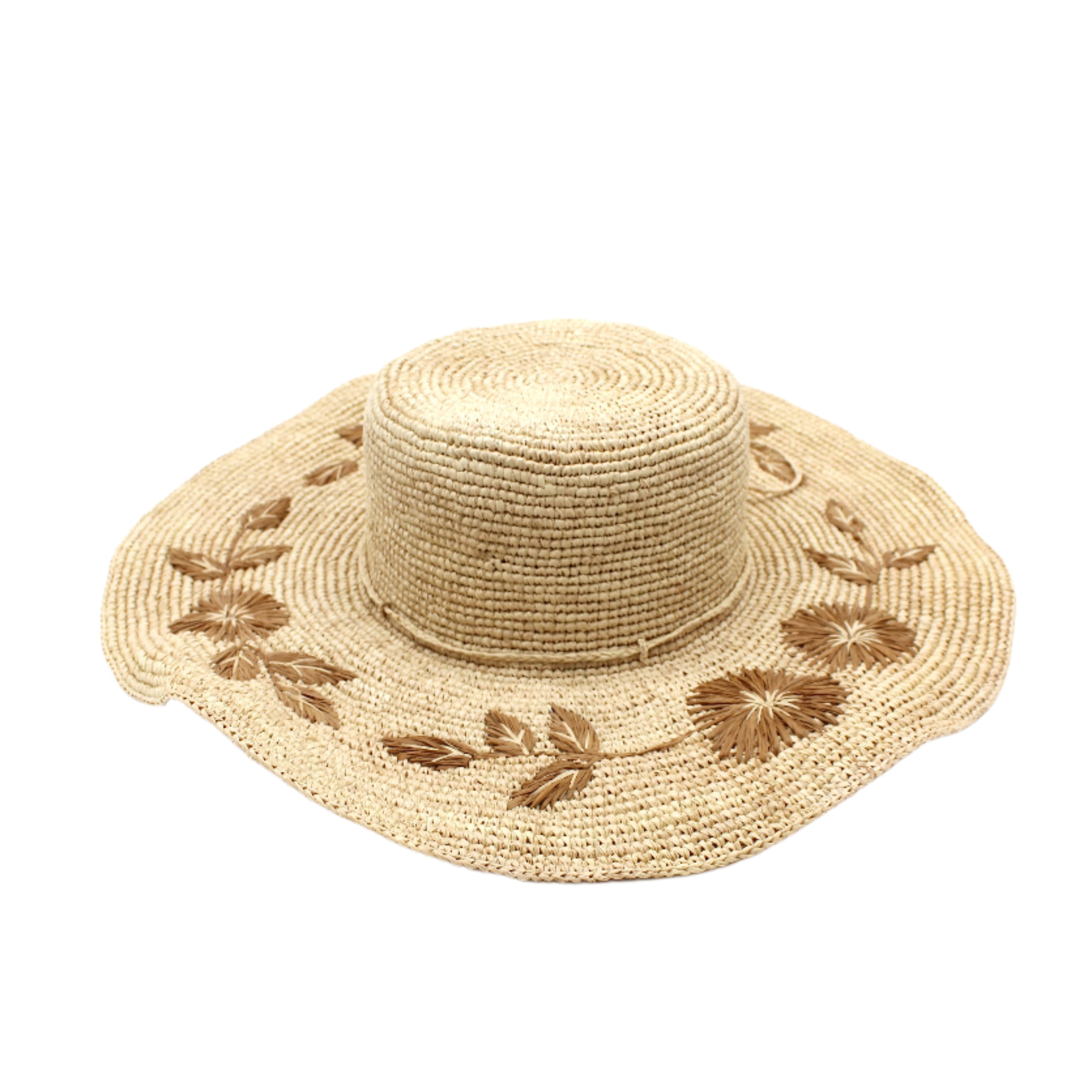5.5" Brim Gigi Natural and Cinnamon Floral Embroidered Crochet Straw Sun Hats handmade crochet natural raffia palm fiber in a solid hue of natural straw color making a concentric pattern from the center top of the flattened crown spiraling out to the edge of the brim with matching adjustable raffia braid hat band and cinnamon dark brown floral pattern with leaves embroidered on the brim - Shebobo