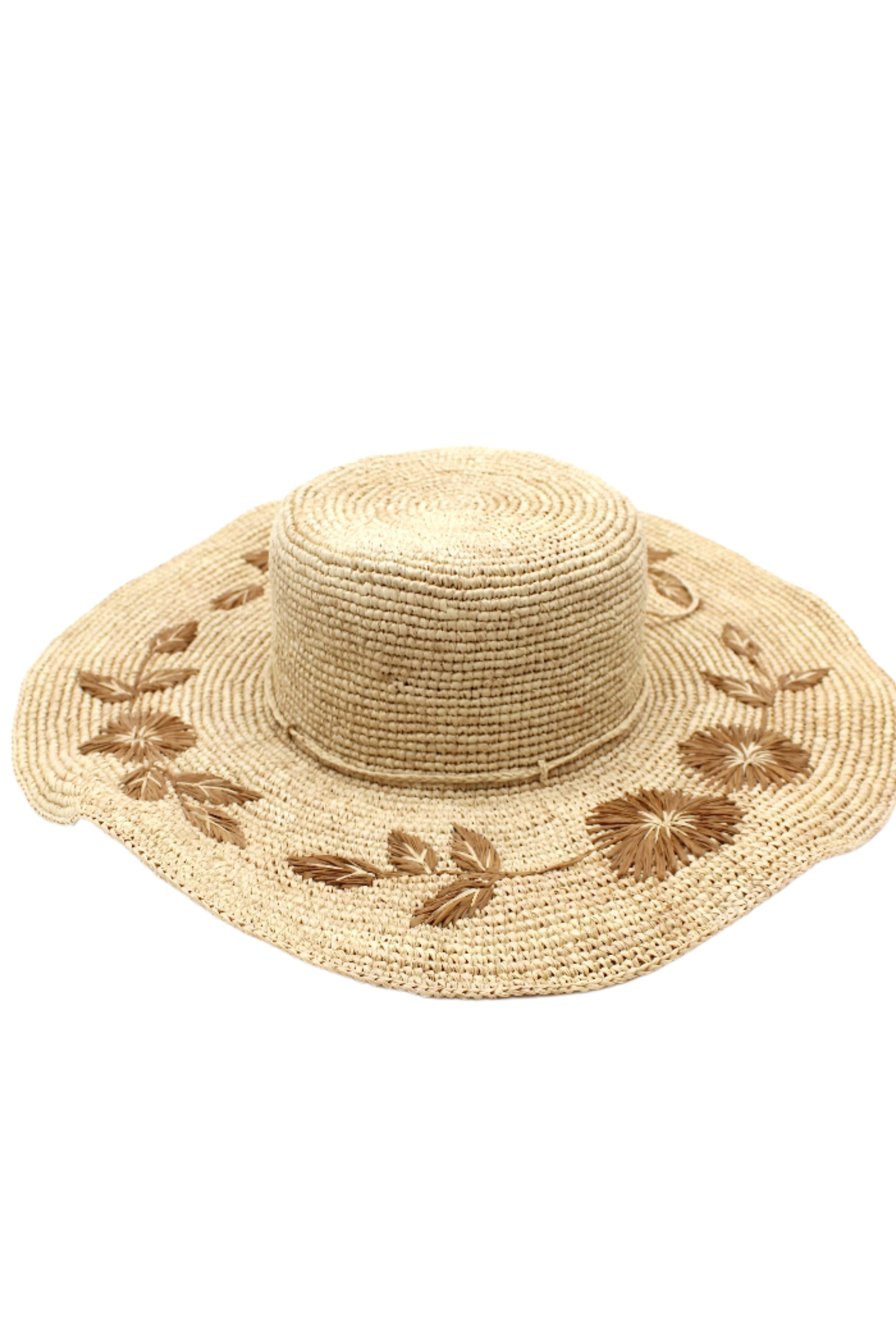 5.5" Brim Gigi Natural and Cinnamon Floral Embroidered Crochet Straw Sun Hats handmade crochet natural raffia palm fiber in a solid hue of natural straw color making a concentric pattern from the center top of the flattened crown spiraling out to the edge of the brim with matching adjustable raffia braid hat band and cinnamon dark brown floral pattern with leaves embroidered on the brim - Shebobo