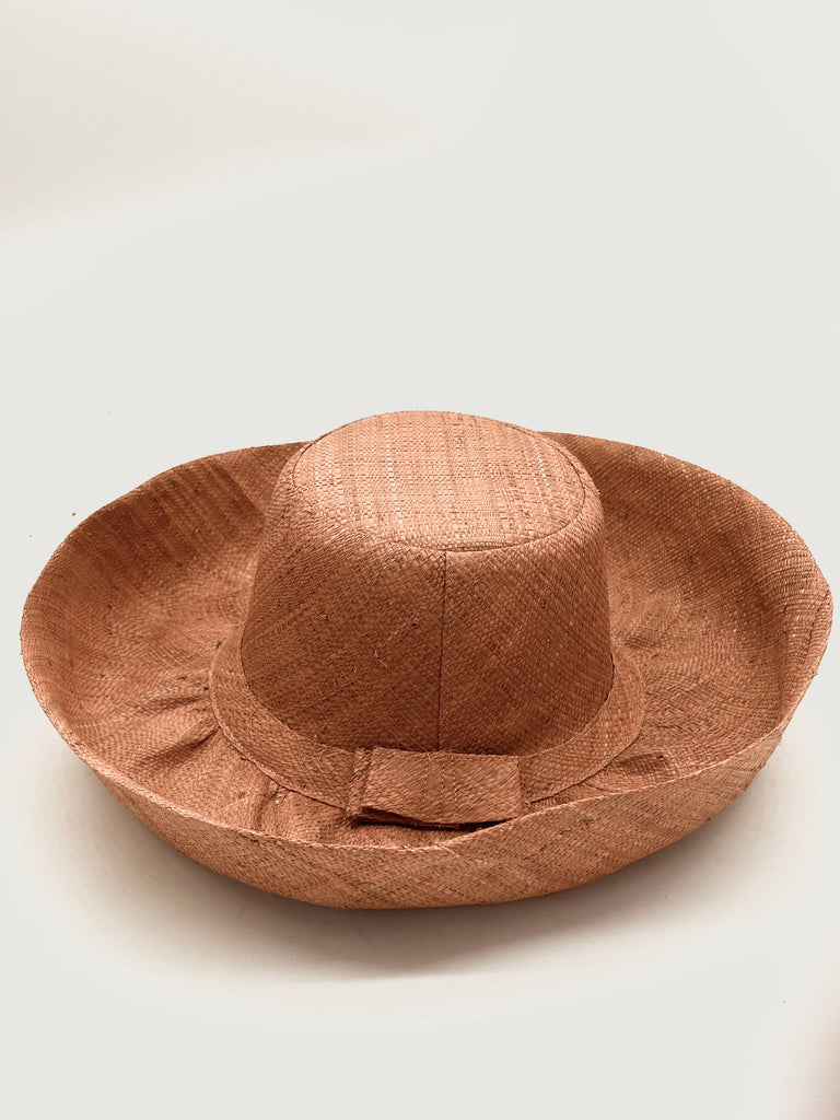 5" & 7" Wide Brim Solid Color Packable Straw Sun Hat handmade loomed raffia in a solid hue of blush pink/orange  - Shebobo