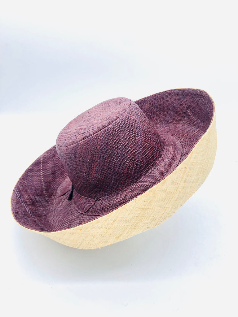 5 inch or 7 inch wide brim handmade bordeaux dark red with purple undertones top half and natural straw color bottom half two tone loomed raffia sun protection packable lightweight straw hat - Shebobo