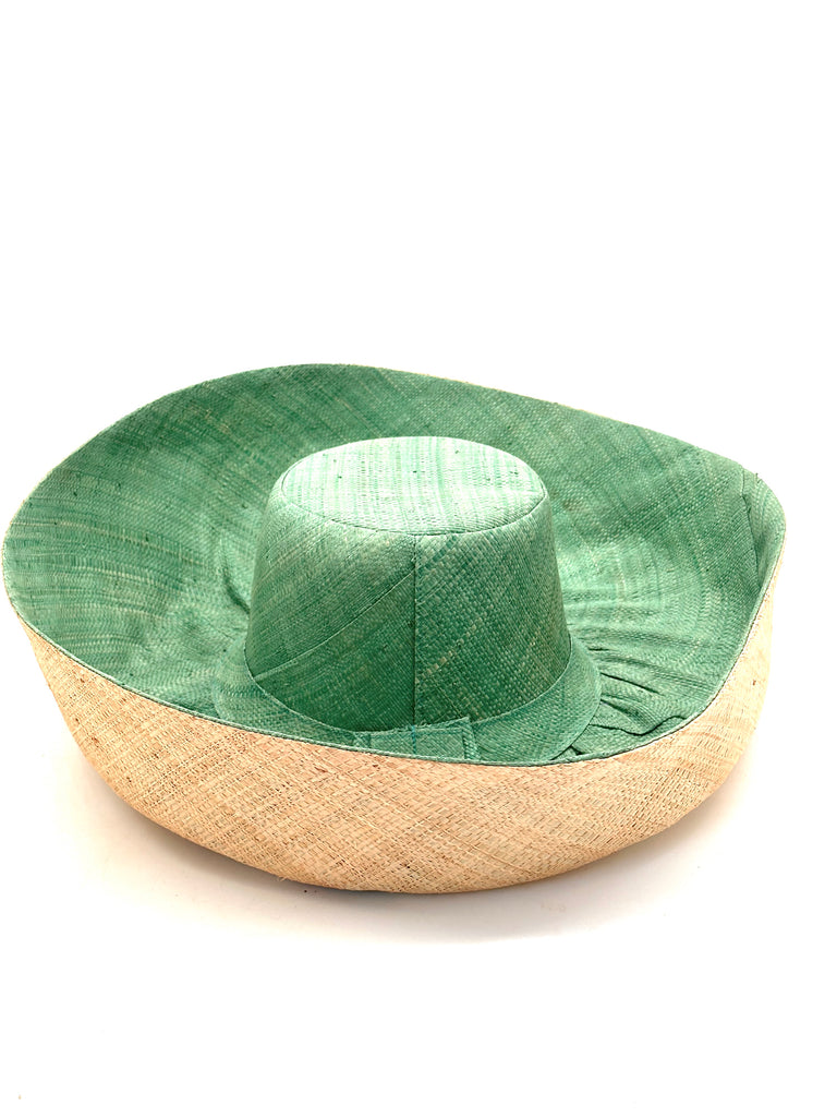 5 inch or 7 inch wide brim handmade seafoam blue/green top half and natural straw color bottom half two tone loomed raffia sun protection packable lightweight straw hat - Shebobo