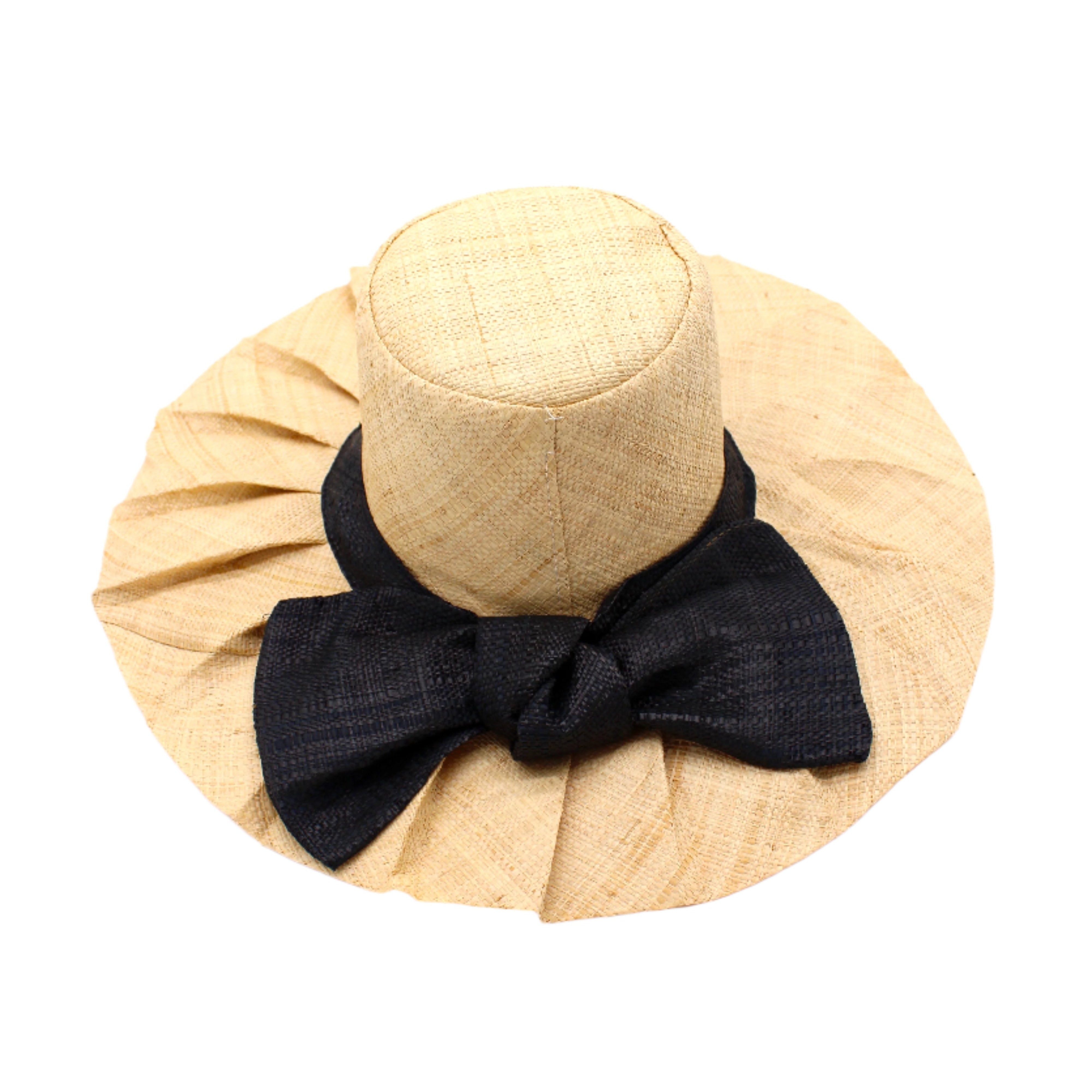 5" Brim Fan Straw Sun Hat with Big Black bow and matching hatband on handmade natural loomed raffia pleated wide brim hat - Shebobo