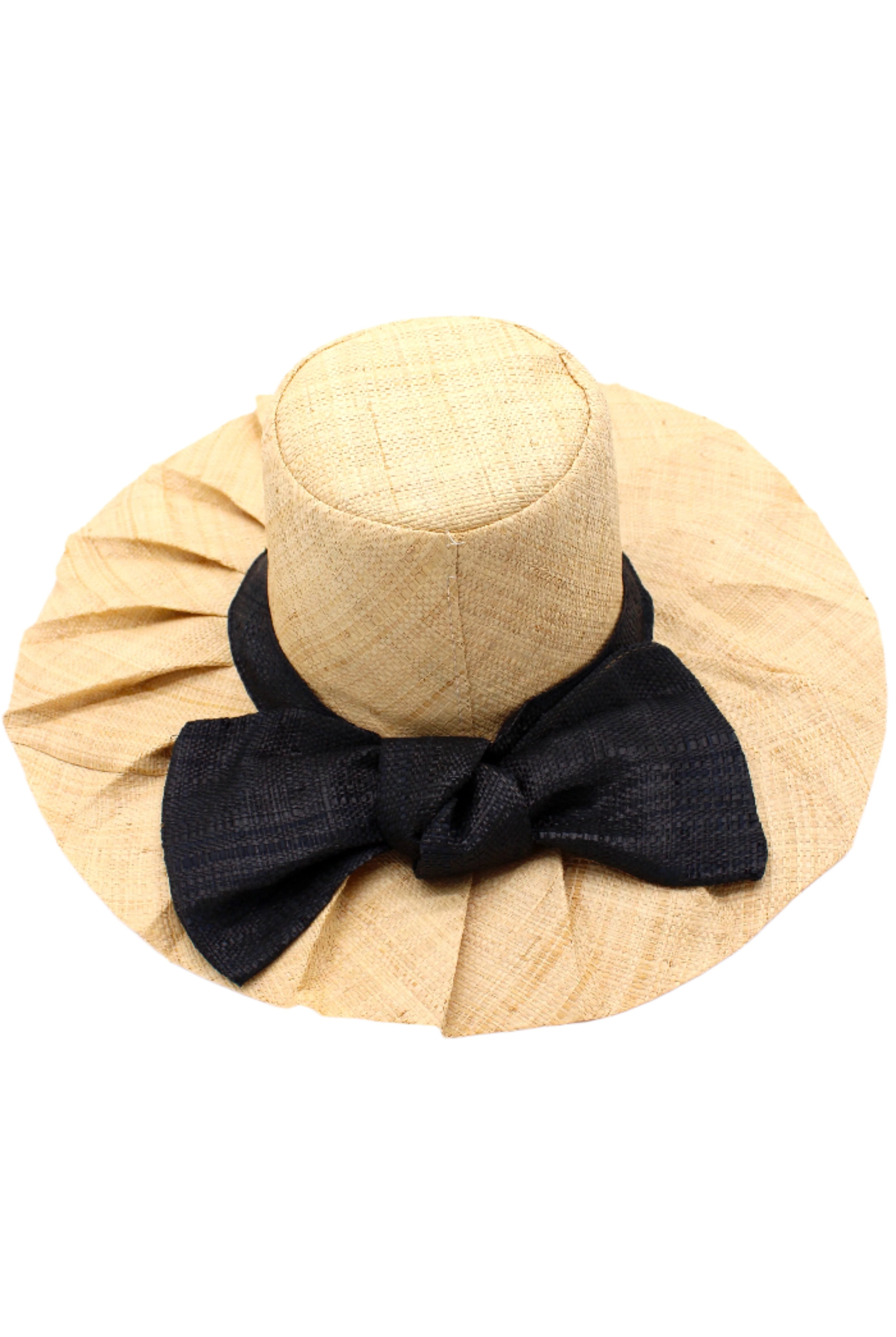 5" Brim Fan Straw Sun Hat with Big Black bow and matching hatband on handmade natural loomed raffia pleated wide brim hat - Shebobo
