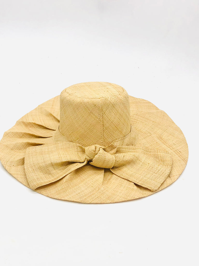 5" Brim Fan Straw Sun Hat with Big natural straw colored bow and matching hatband on handmade natural loomed raffia pleated wide brim hat - Shebobo