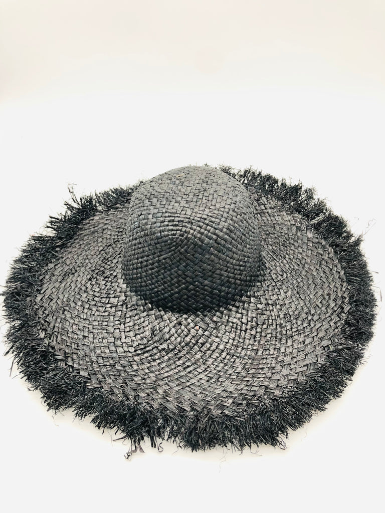 5" Brim Kat Black Solid Colors Straw Sun Hat with Raw Fringe Edge handmade woven raffia in a solid hue of black with wide brim and hand brushed edge embellishment - Shebobo