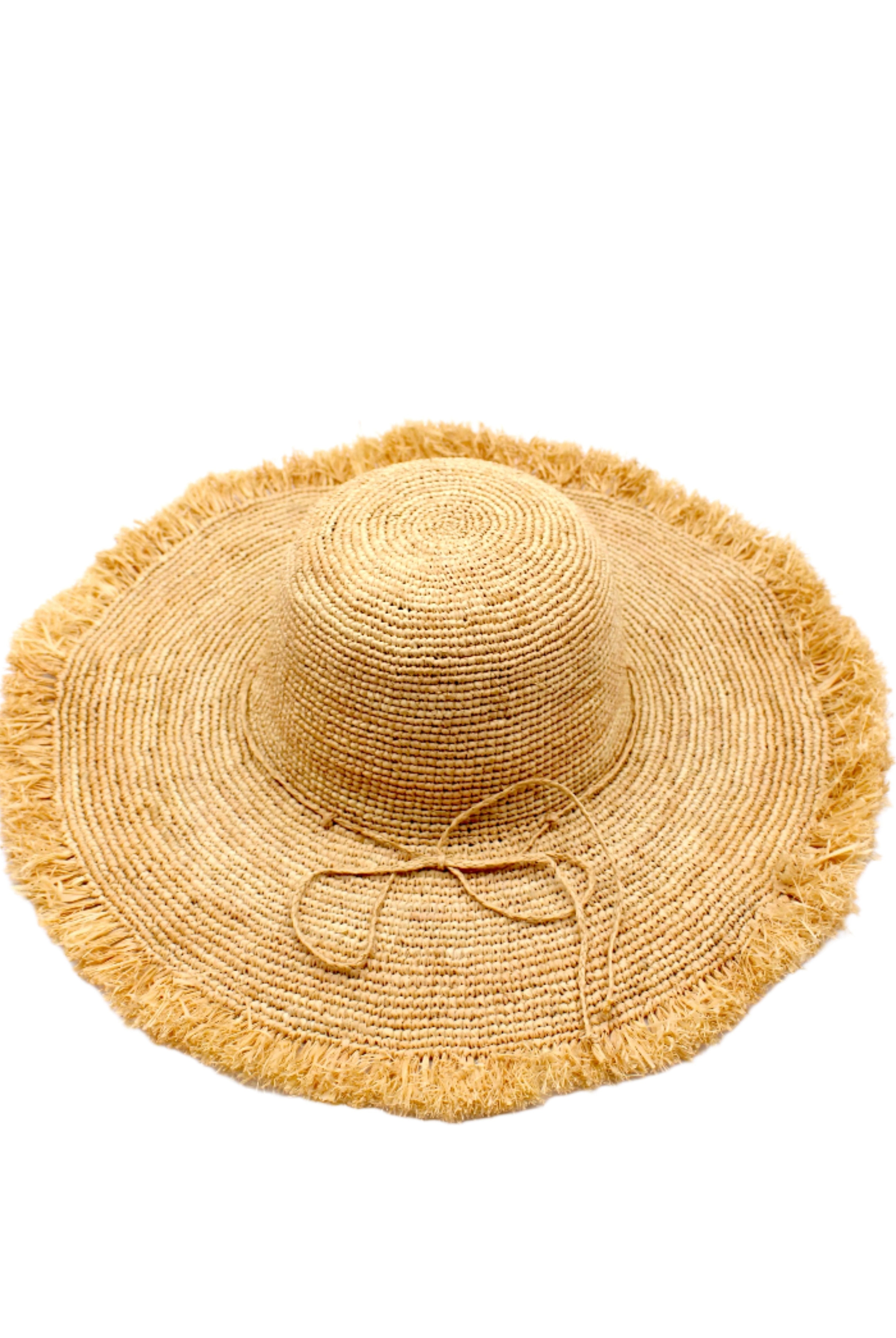 5" Wide Brim Natural Meghan Crochet Straw Sun Hat with Raw Fringe Edge handmade woven natural raffia palm fiber in a solid hue of natural straw color with matching adjustable braided raffia hat band and brushed fringe edge embellishment - Shebobo