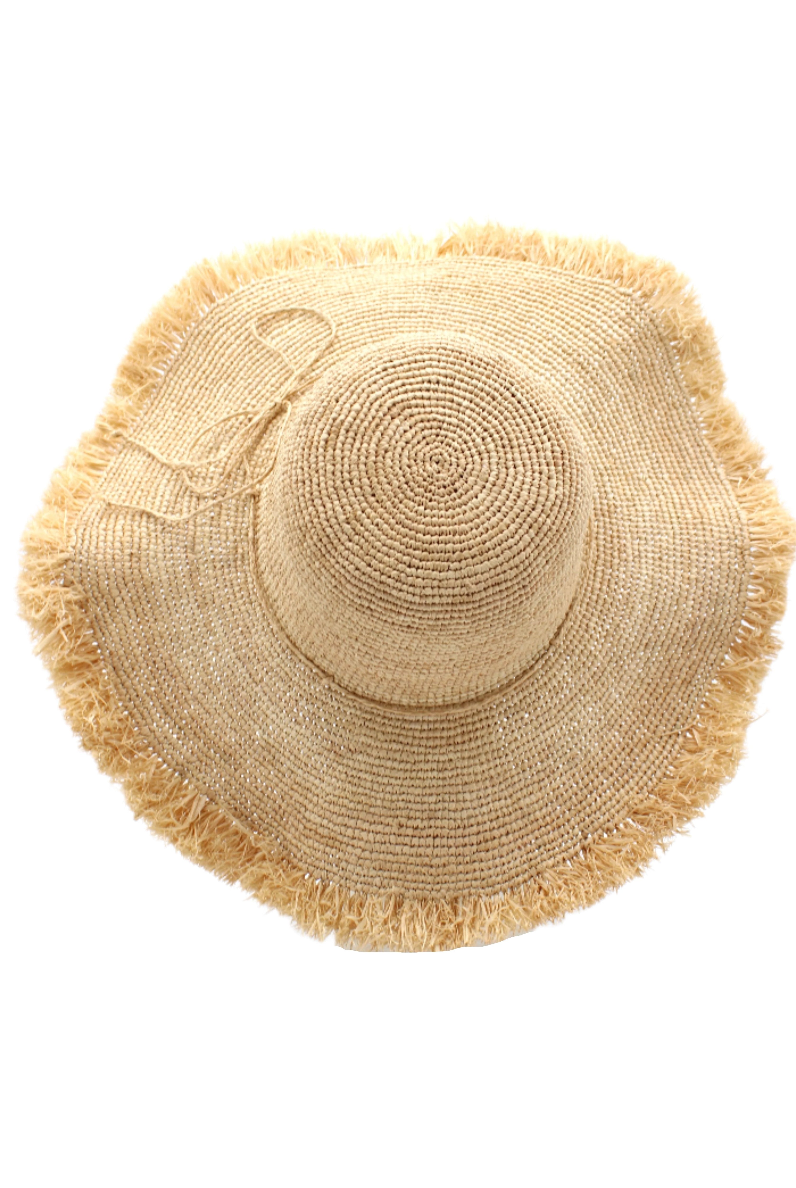 5" Wide Brim Natural Meghan Crochet Straw Sun Hat with Raw Fringe Edge handmade woven natural raffia palm fiber in a solid hue of natural straw color with matching adjustable braided raffia hat band and brushed fringe edge embellishment - Shebobo
