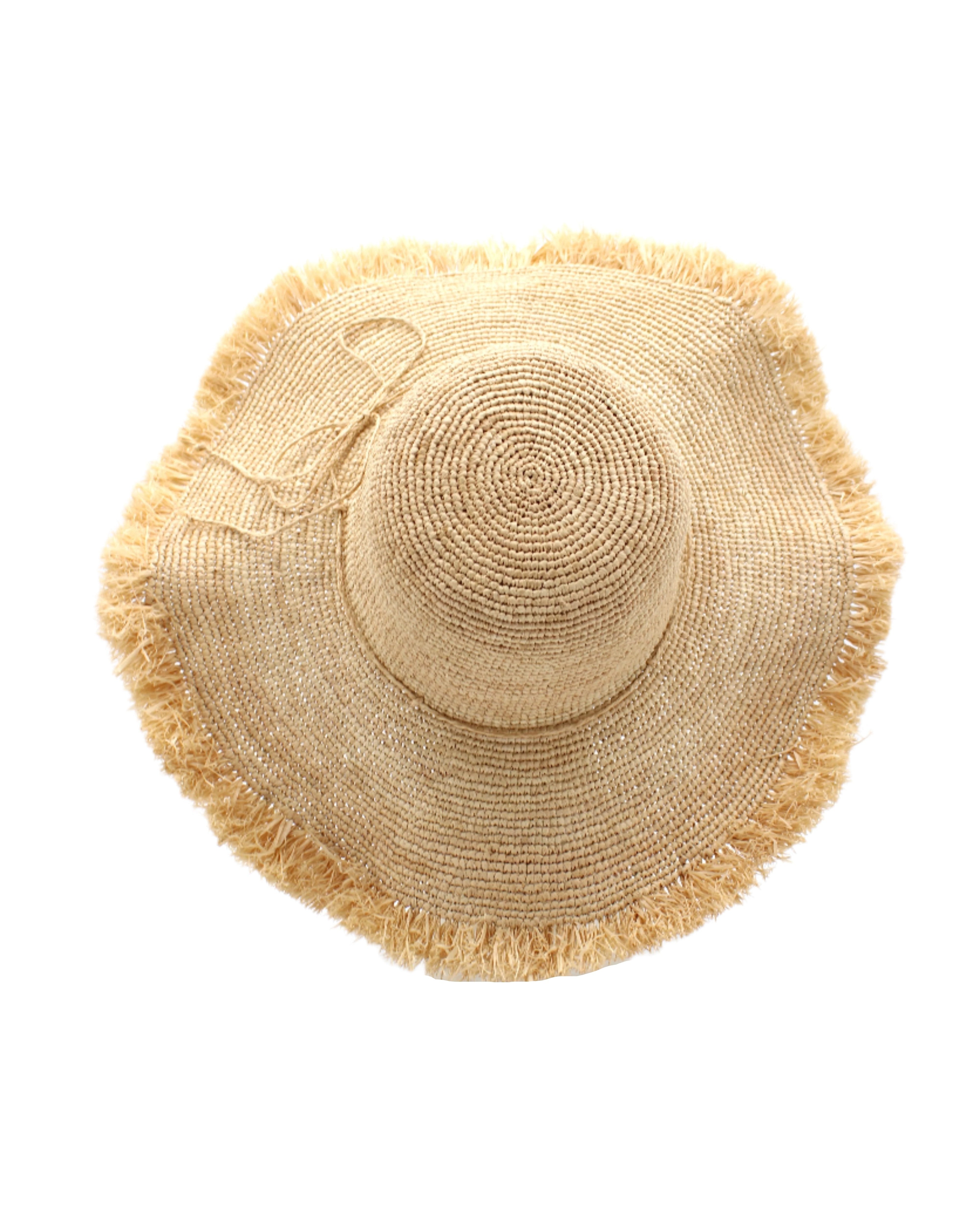 5" Wide Brim Natural Meghan Crochet Straw Sun Hat with Raw Fringe Edge handmade woven natural raffia palm fiber in a solid hue of natural straw color with matching adjustable braided raffia hat band and brushed fringe edge embellishment - Shebobo