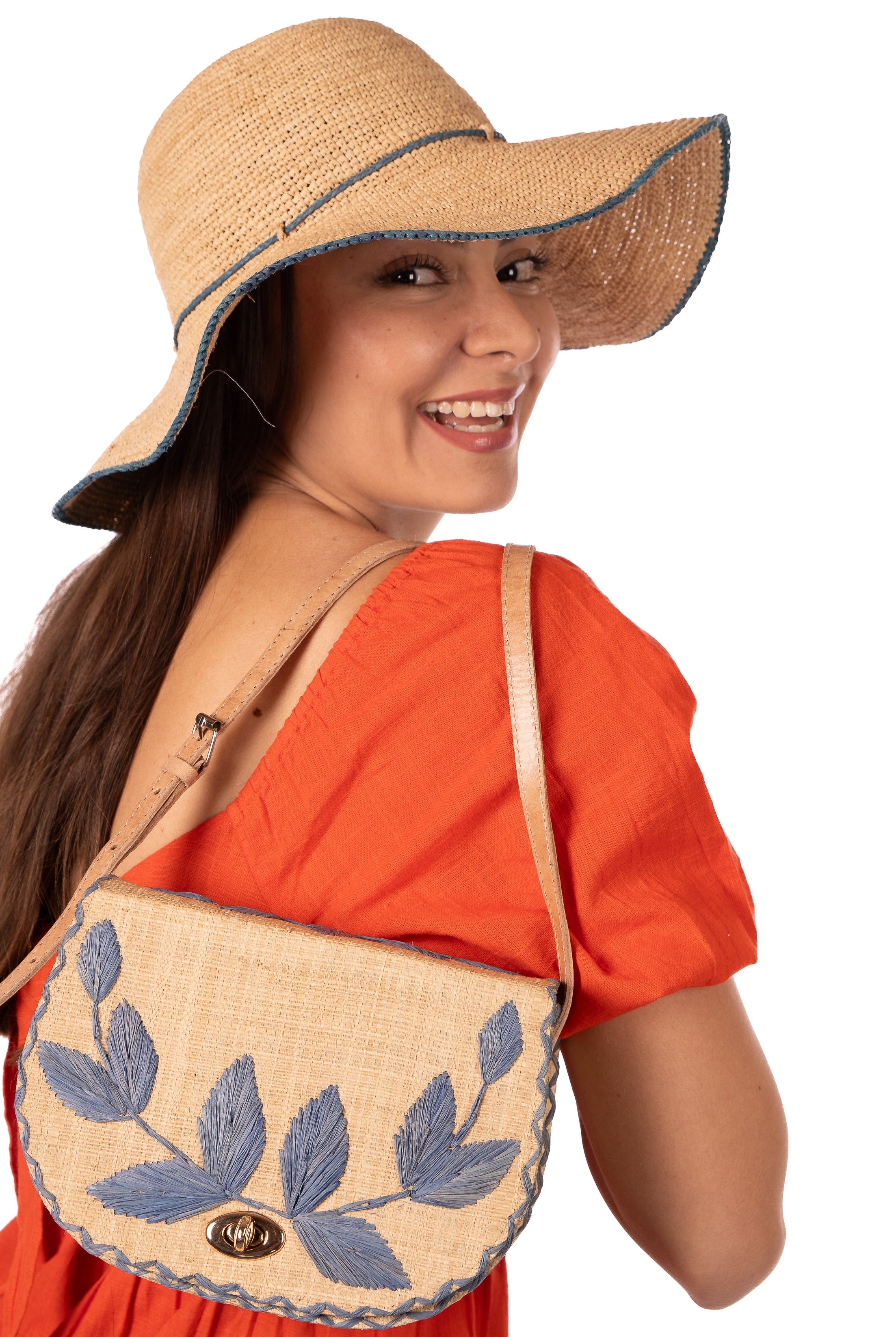 70's Crossbody Straw Bag handmade loomed natural raffia palm fiber purse with Denim retro/light/blue accent cross stitch edging and matching leaf design embroidery handbag with adjustable leather strap - Shebobo (with 4" Brim Rachel Crochet Straw Sun Hats with Colored Edge)