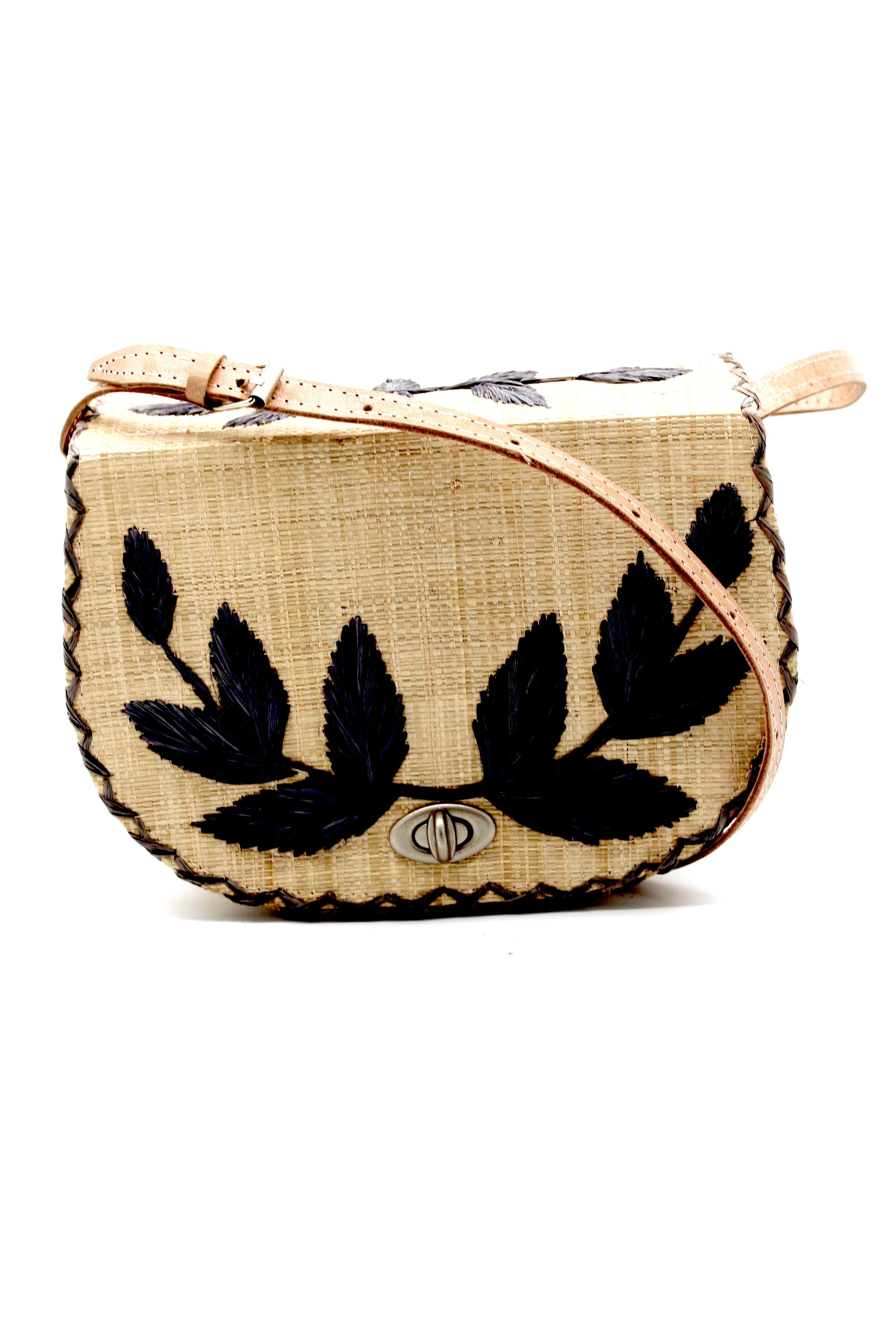70's Crossbody Straw Bag handmade loomed natural raffia palm fiber purse with black accent cross stitch edging and matching leaf design embroidery handbag with adjustable leather strap - Shebobo