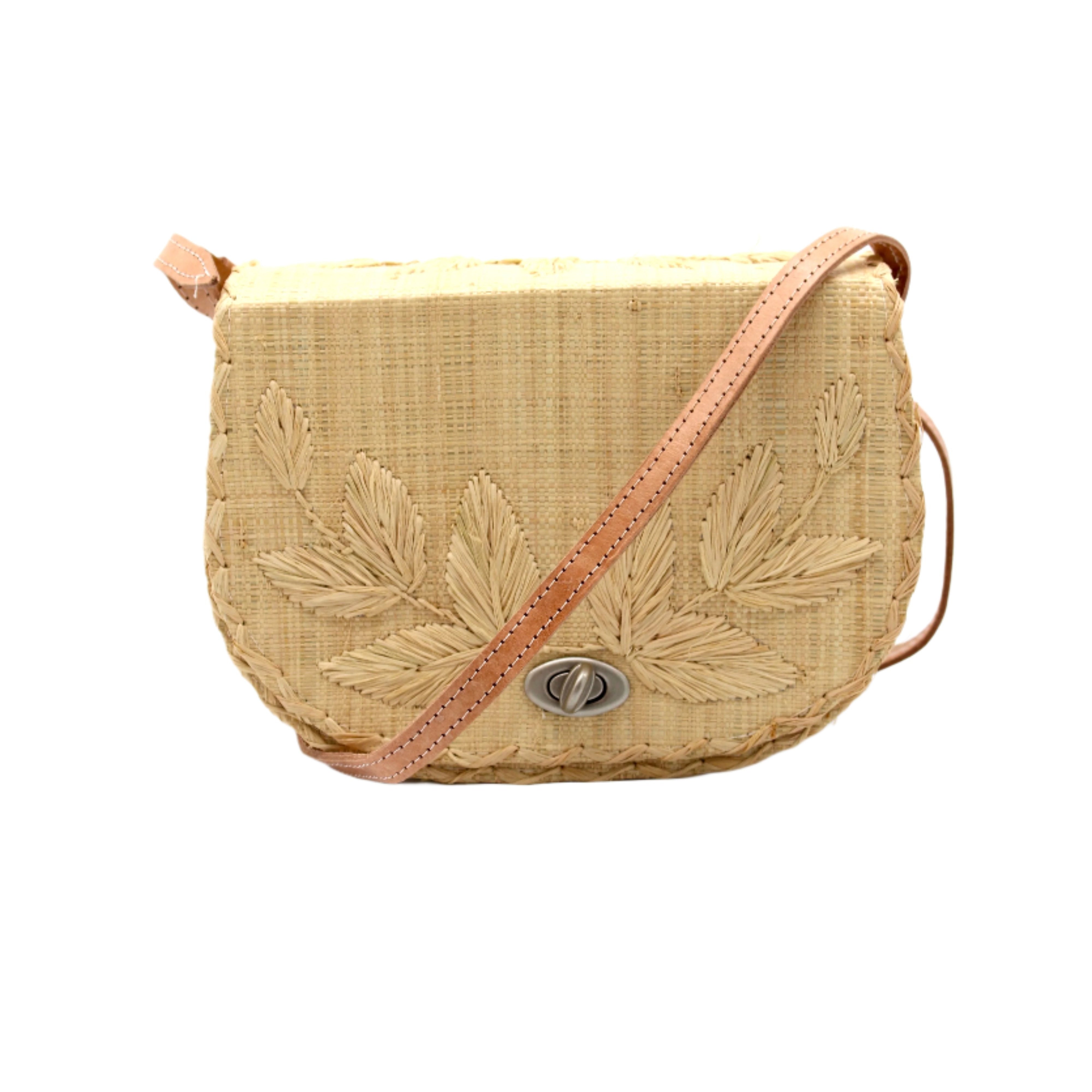 70's Crossbody Straw Bag handmade loomed natural raffia palm fiber purse with natural color accent cross stitch edging and matching leaf design embroidery handbag with adjustable leather strap - Shebobo