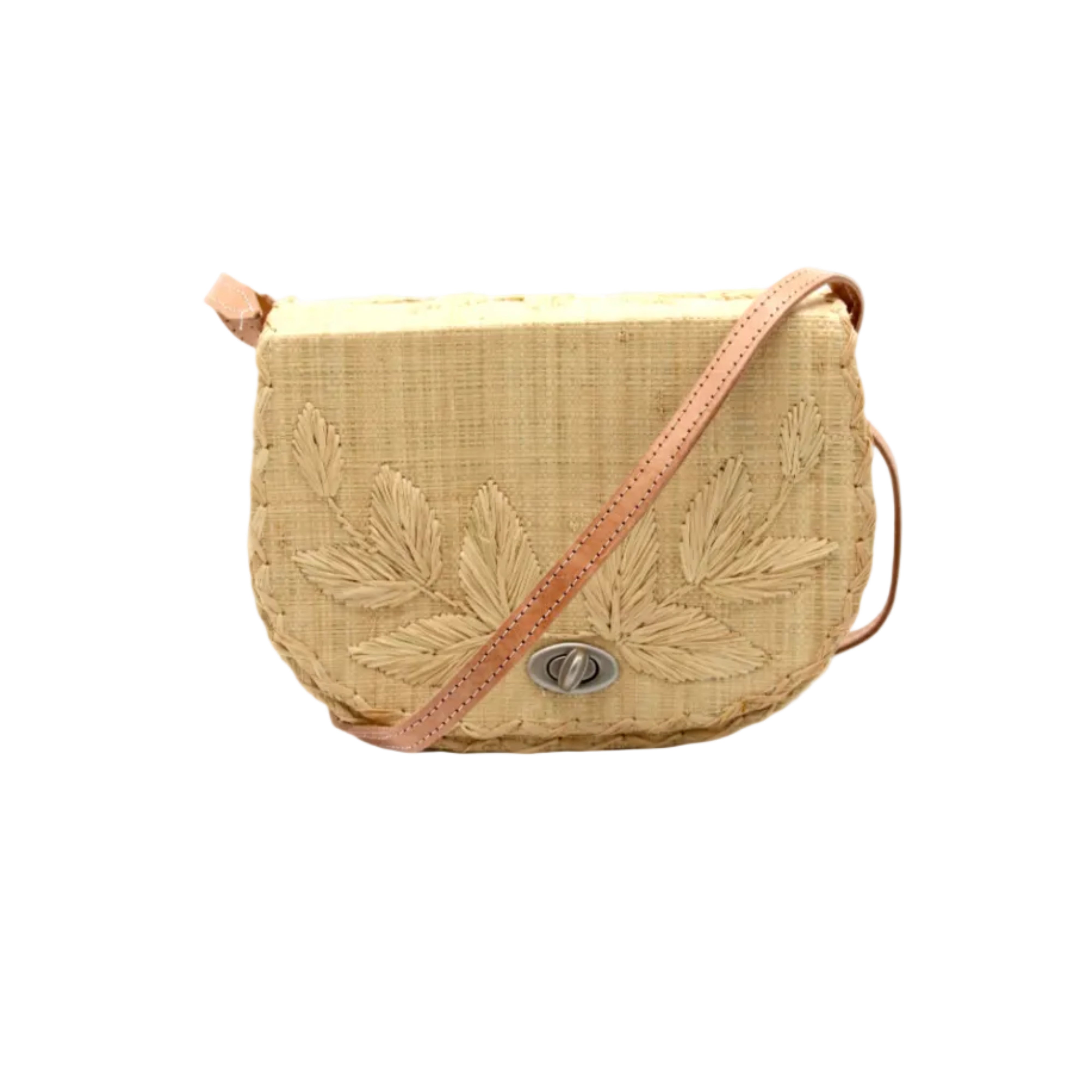 70's Crossbody Straw Bag handmade loomed natural raffia palm fiber purse with natural color accent cross stitch edging and matching leaf design embroidery handbag with adjustable leather strap - Shebobo