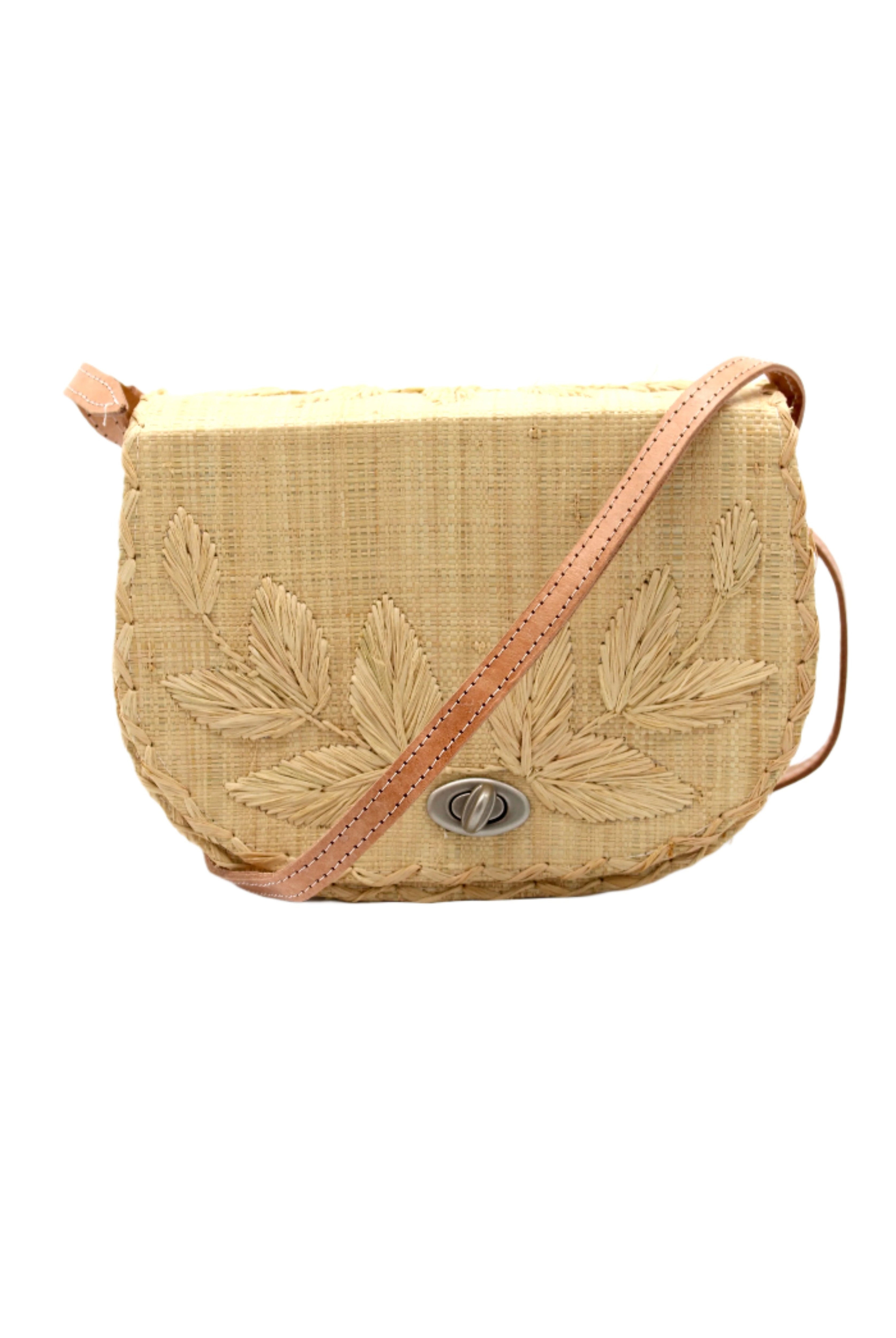 70's Crossbody Straw Bag handmade loomed natural raffia palm fiber purse with natural color accent cross stitch edging and matching leaf design embroidery handbag with adjustable leather strap - Shebobo